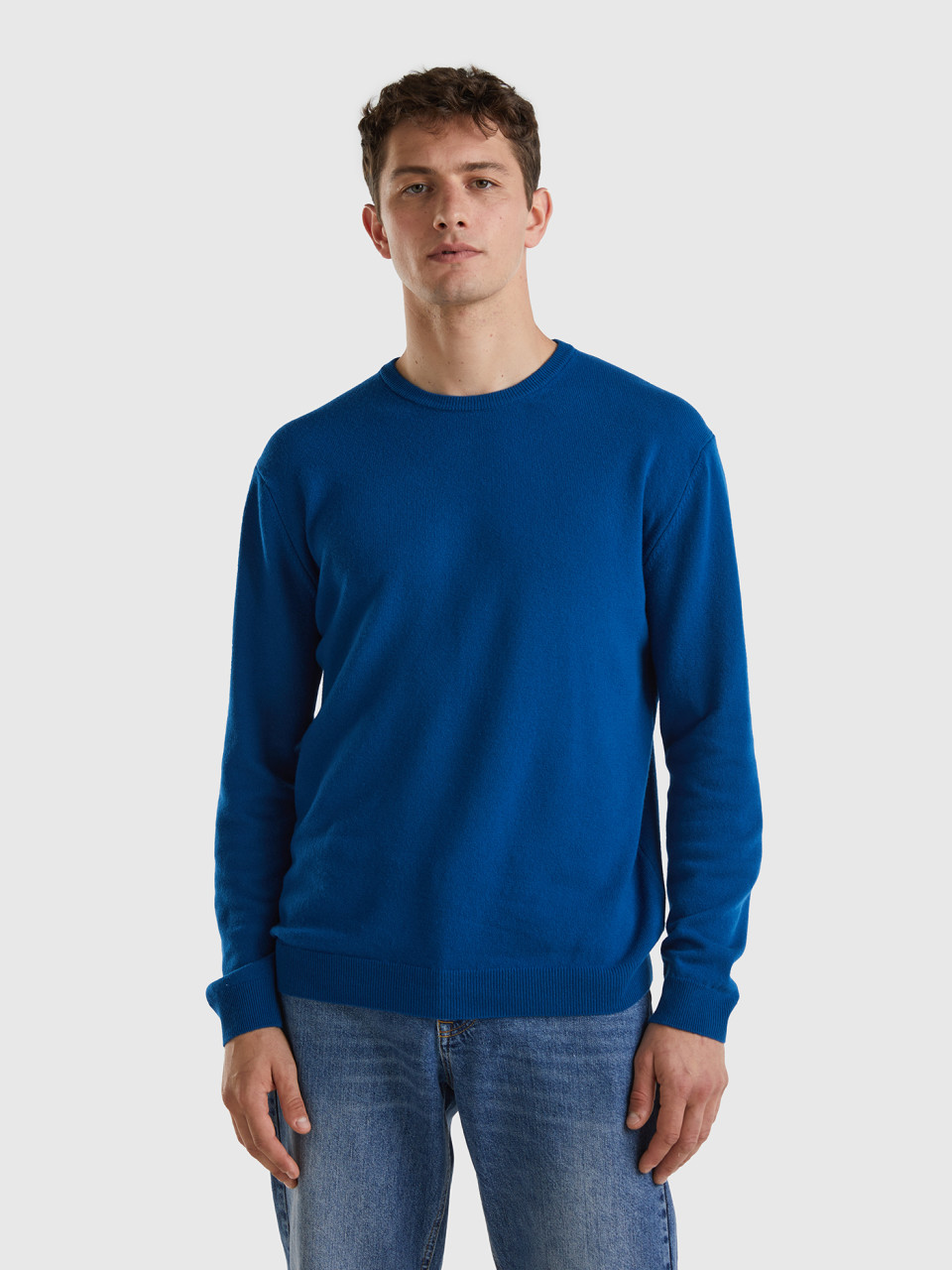 Benetton, Blue Crew Neck Sweater In Pure Merino Wool, Blue, Men