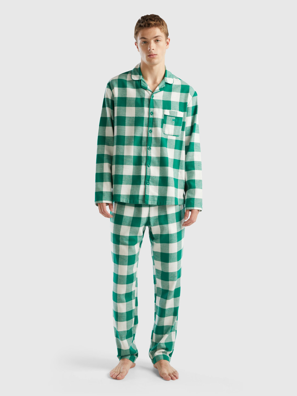 Benetton, Checked Flannel Pyjamas, Green, Men