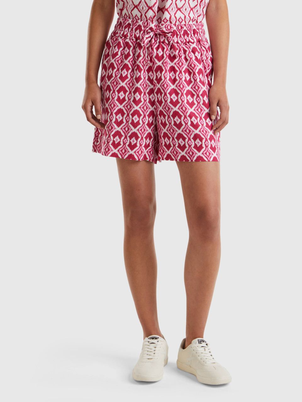 Benetton, Printed Linen Shorts, Cyclamen, Women