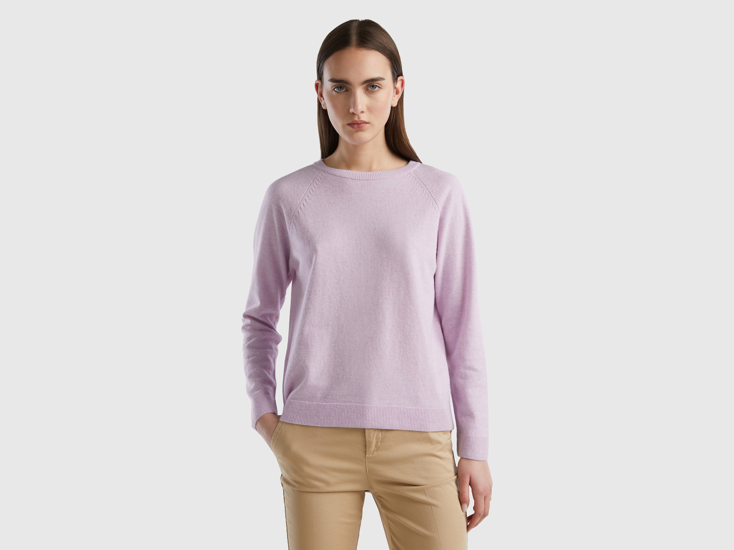 Benetton, Light Lilac Crew Neck Sweater In Cashmere And Wool Blend, size XS, Lilac, Women