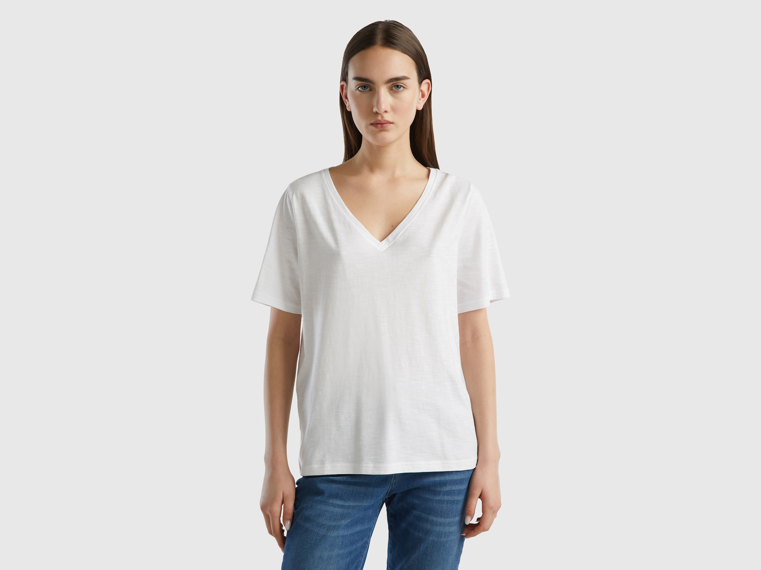 Benetton, V-neck T-shirt In Slub Cotton, size L, White, Women