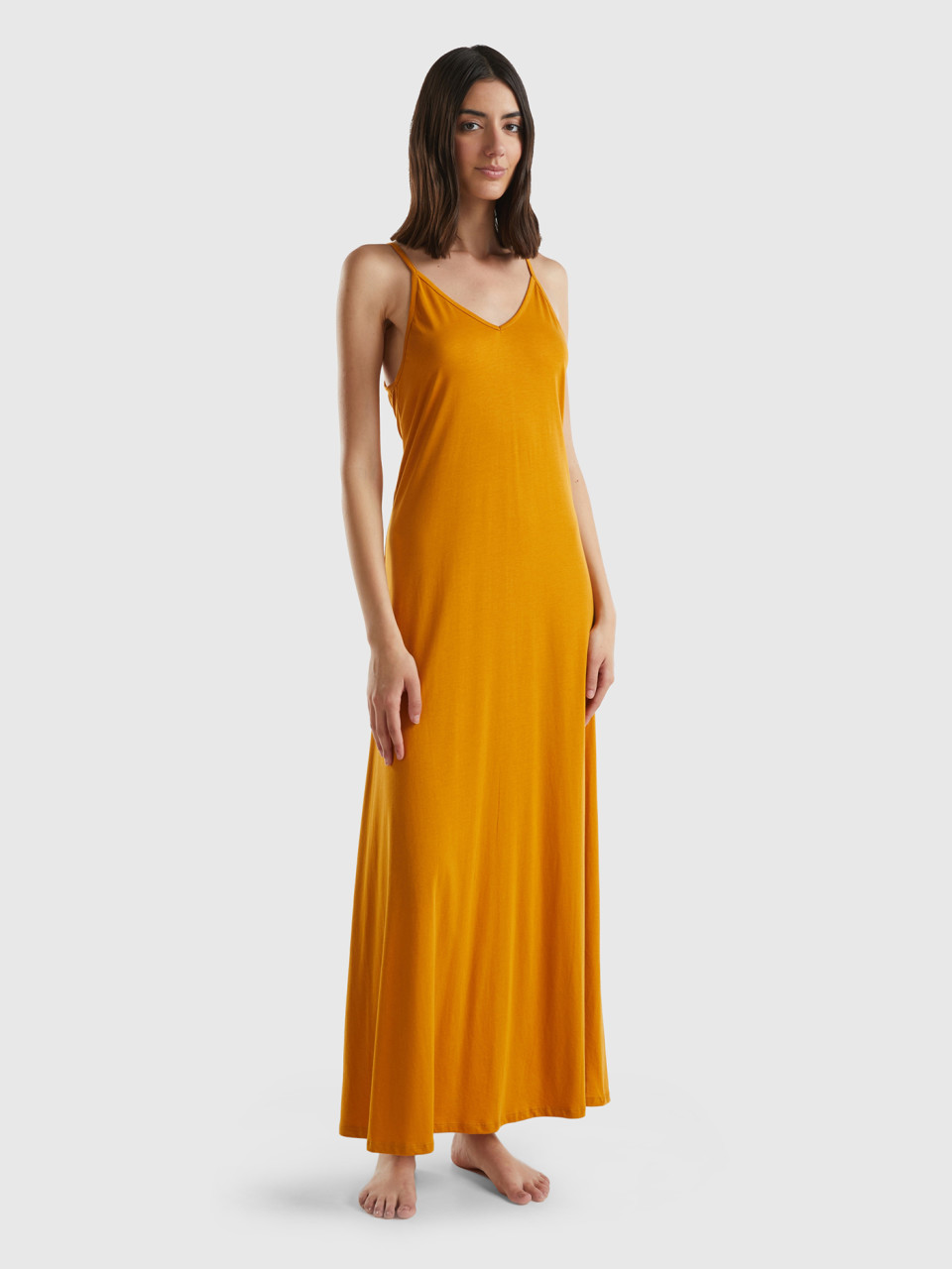 Benetton, Flowy Dress With V-neck, Mustard, Women