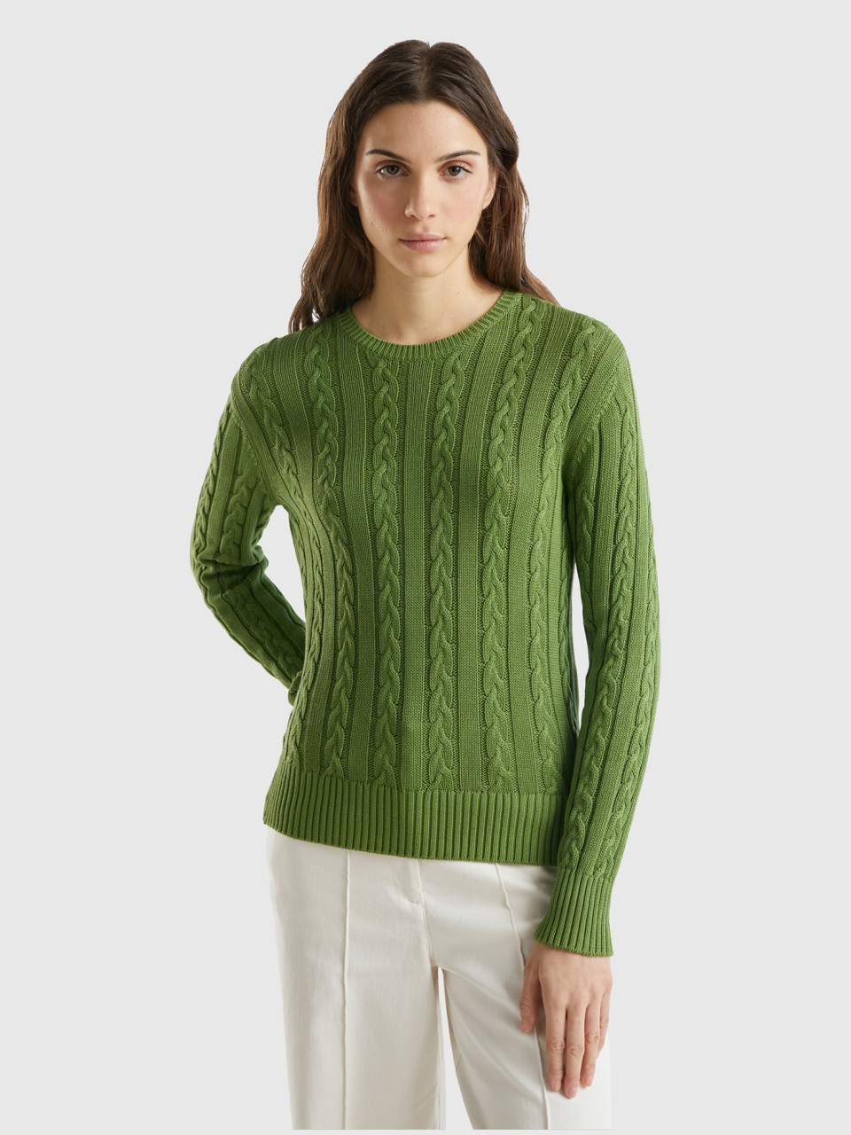 Benetton, Cable Knit Sweater 100% Cotton, Military Green, Women