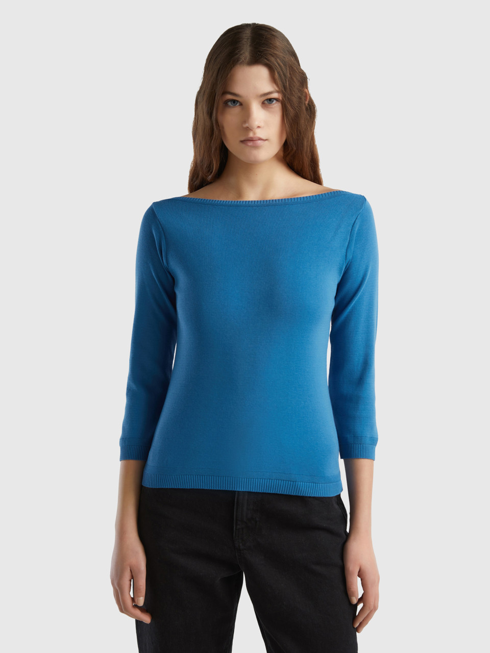 Benetton, 100% Cotton Boat Neck Sweater, Blue, Women