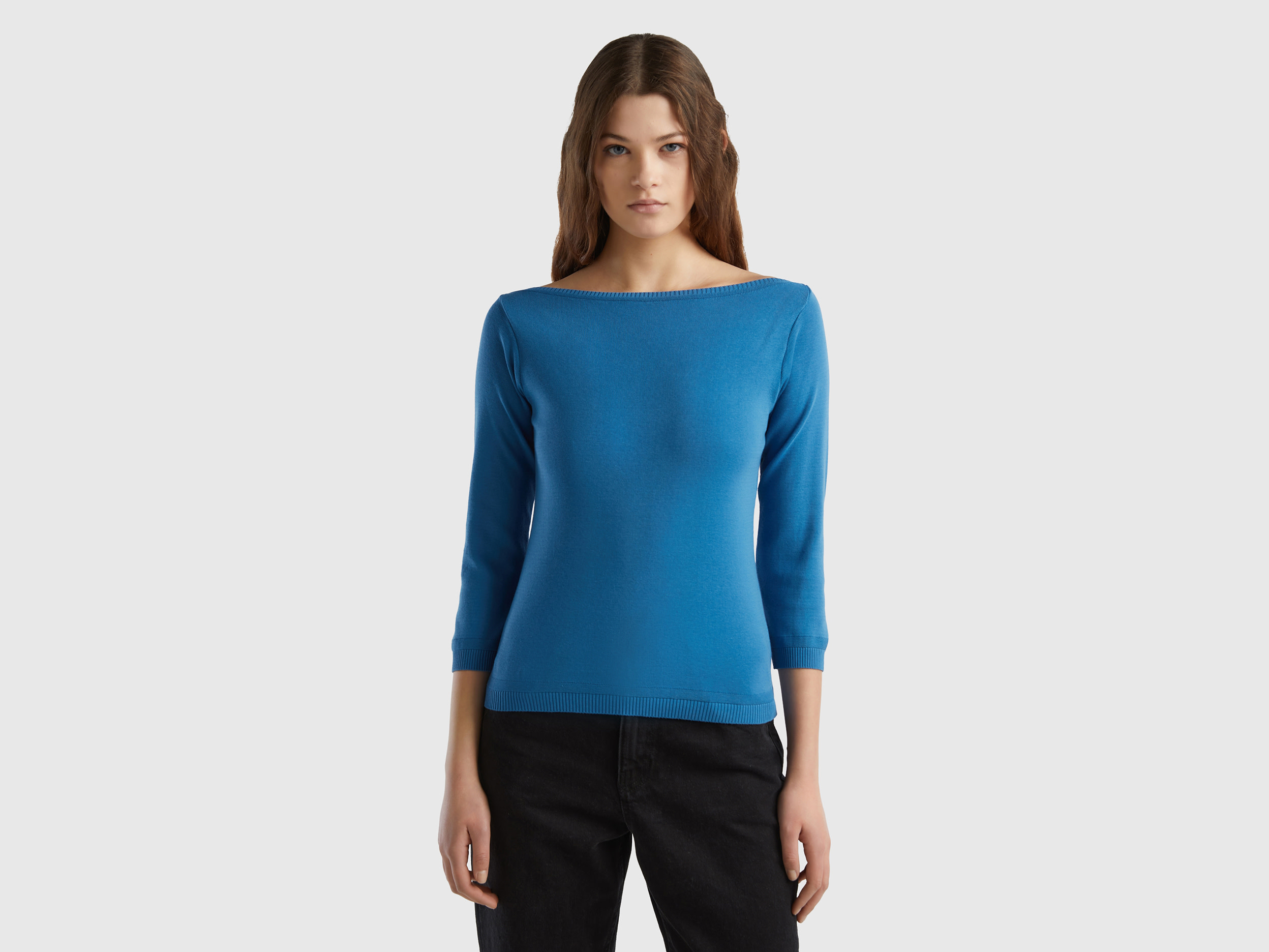 Benetton, Maglia 100% Cotone Con Scollo A Barchetta, Blu, Donna