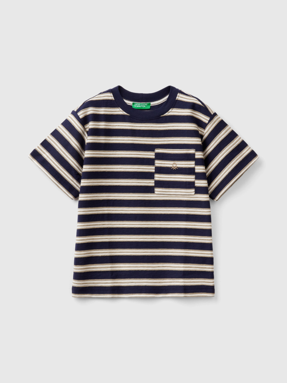 Benetton, Striped T-shirt With Pocket, Dark Blue, Kids