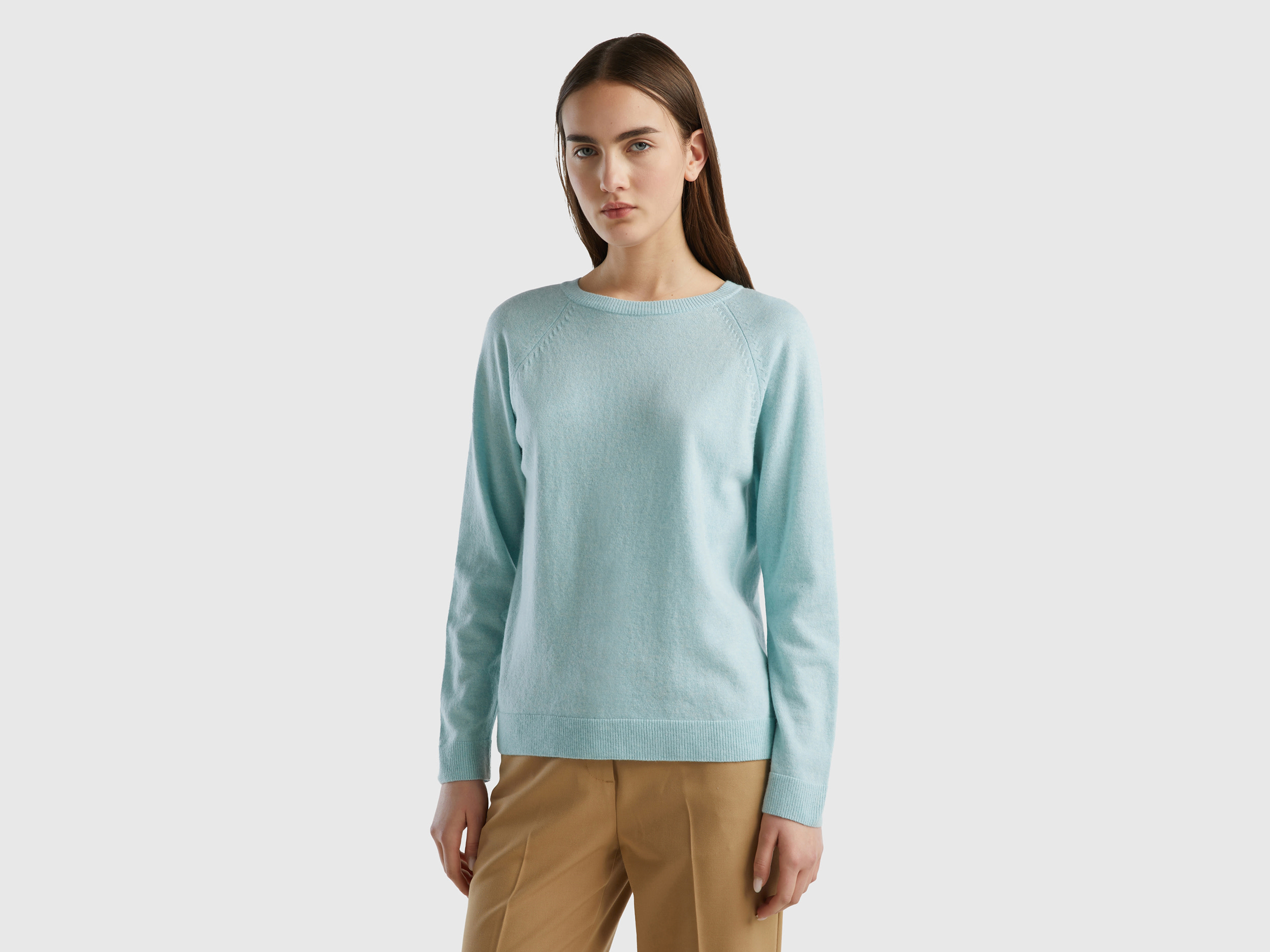 Benetton, Light Gray Crew Neck Sweater In Cashmere And Wool Blend, size XL, Light Gray, Women