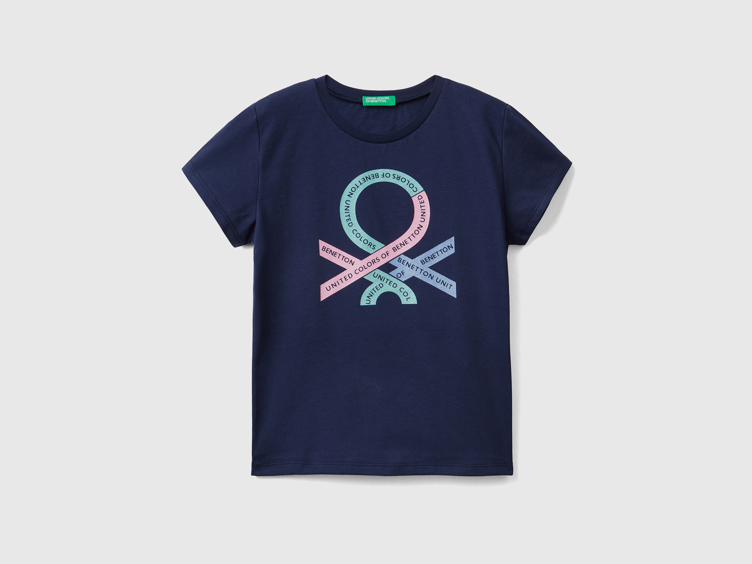 Benetton, T shirt Con Logo Glitter In Cotone Bio, Blu Scuro, Bambini