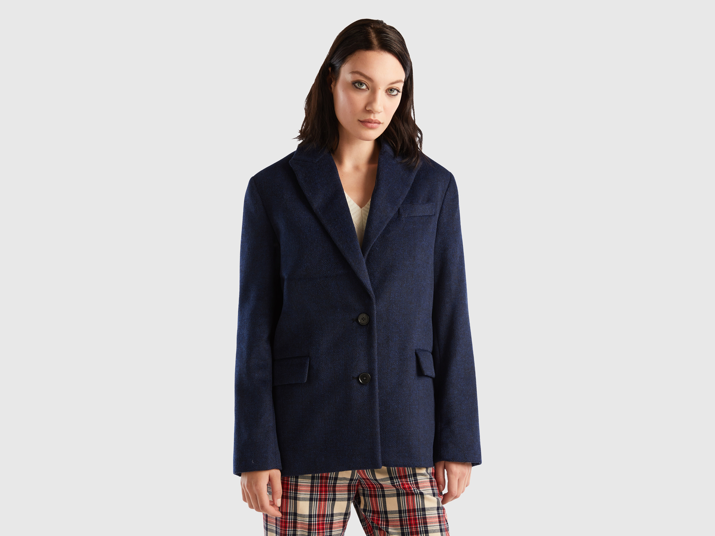Benetton, Jacket In Wool Blend With Pockets, size 12, Dark Blue, Women