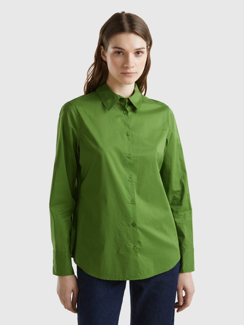 Benetton, Camisa Regular Fit De Algodón Ligero, Militar, Mujer