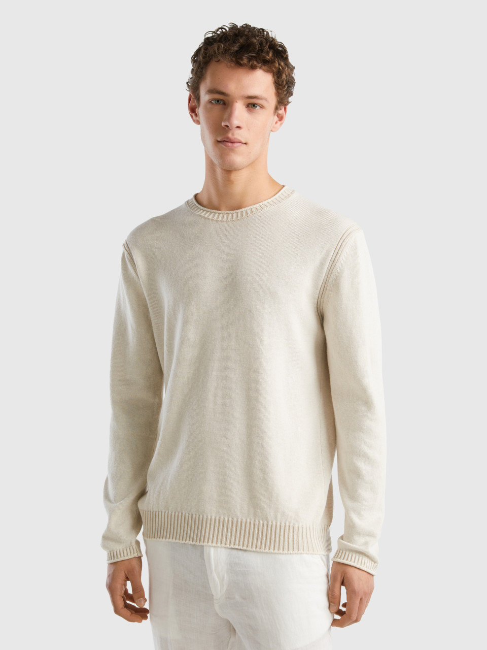 Benetton, Sweater In Recycled Cotton Blend, Creamy White, Men