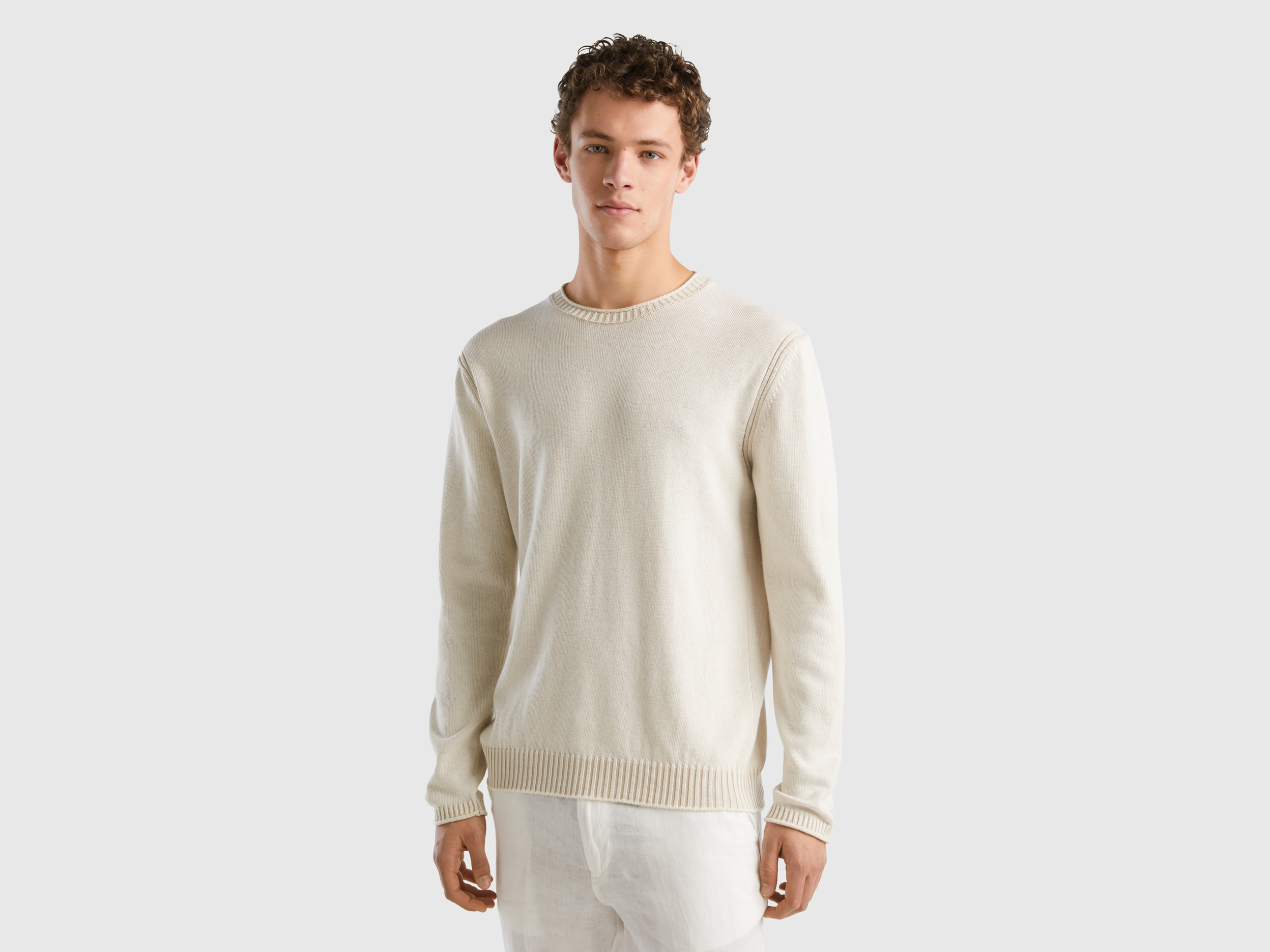 Image of Benetton, Sweater In Recycled Cotton Blend, size L, Creamy White, Men