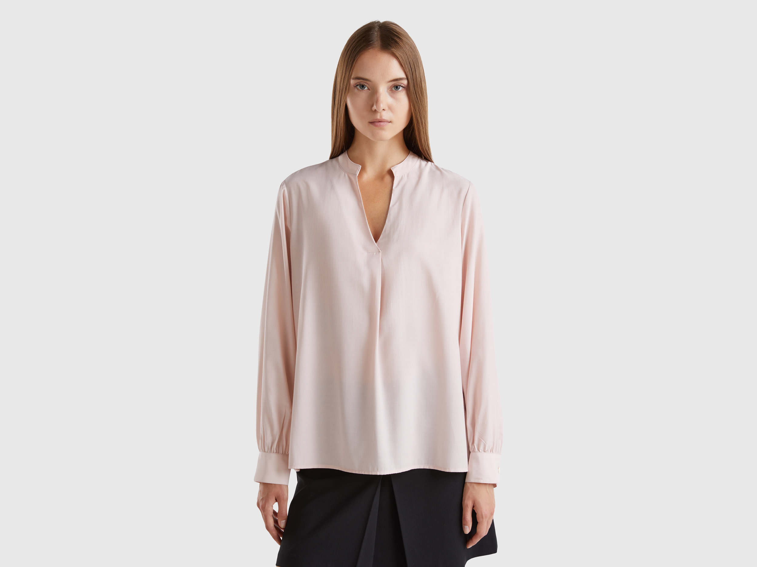 Benetton, Camicia Con Scollo Serafino, Rosa Tenue, Donna