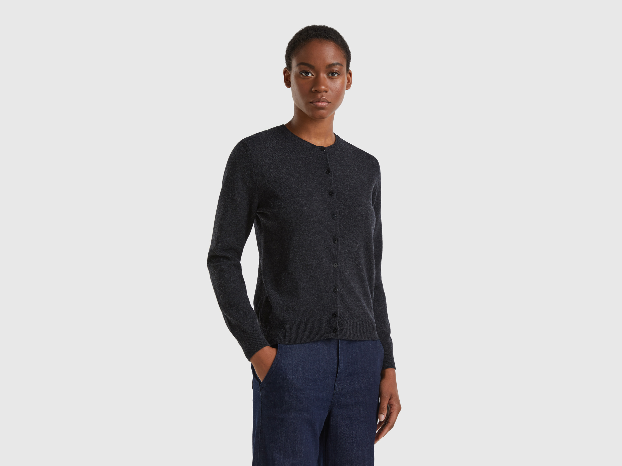 Benetton, Charcoal Gray Crew Neck Cardigan In Pure Merino Wool, size XS, Dark Gray, Women