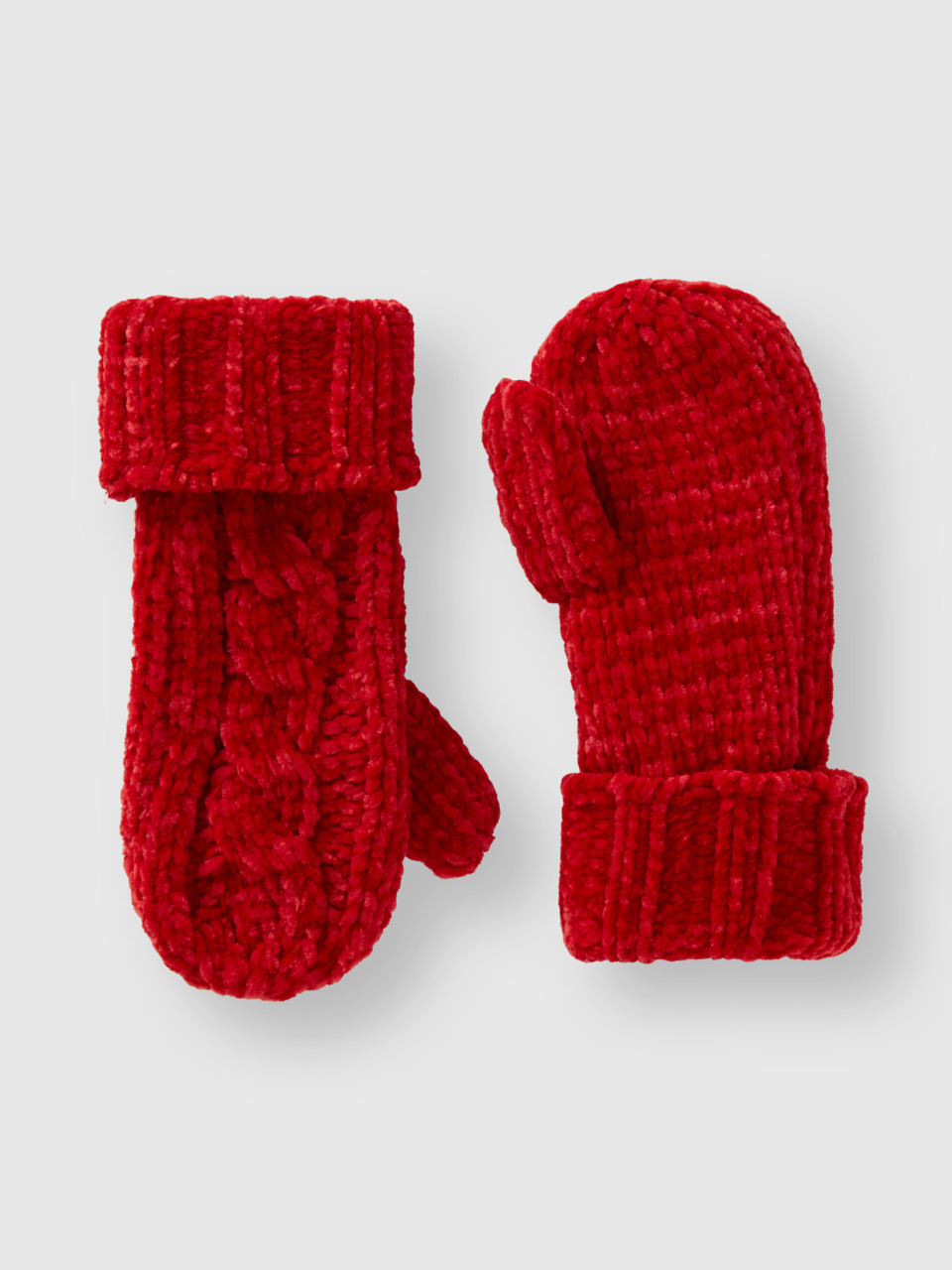 Benetton, Chenille Gloves With Cable Knit, Red, Kids