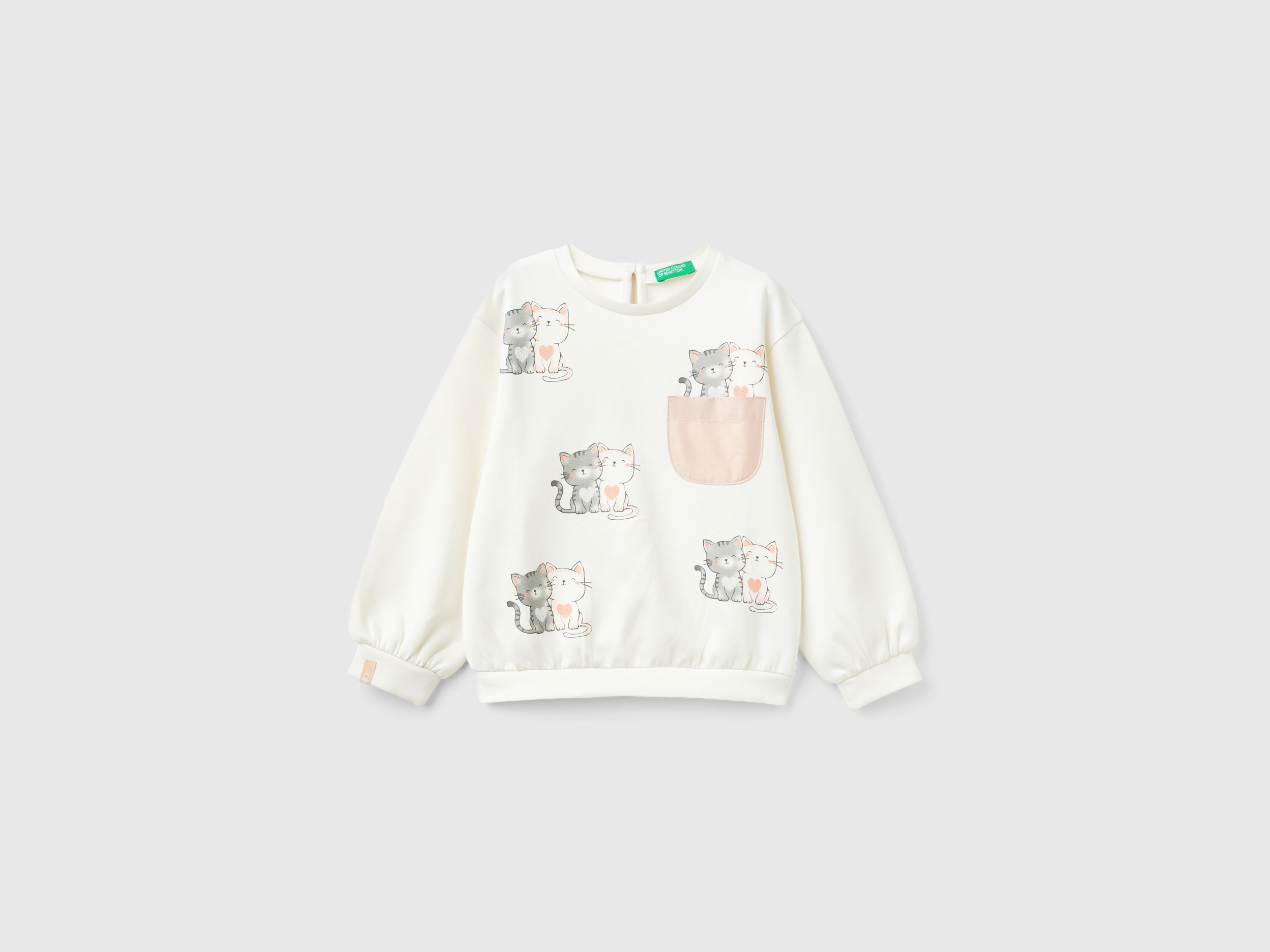 Benetton, Felpa Con Stampa Gattini, Bianco Panna, Bambini
