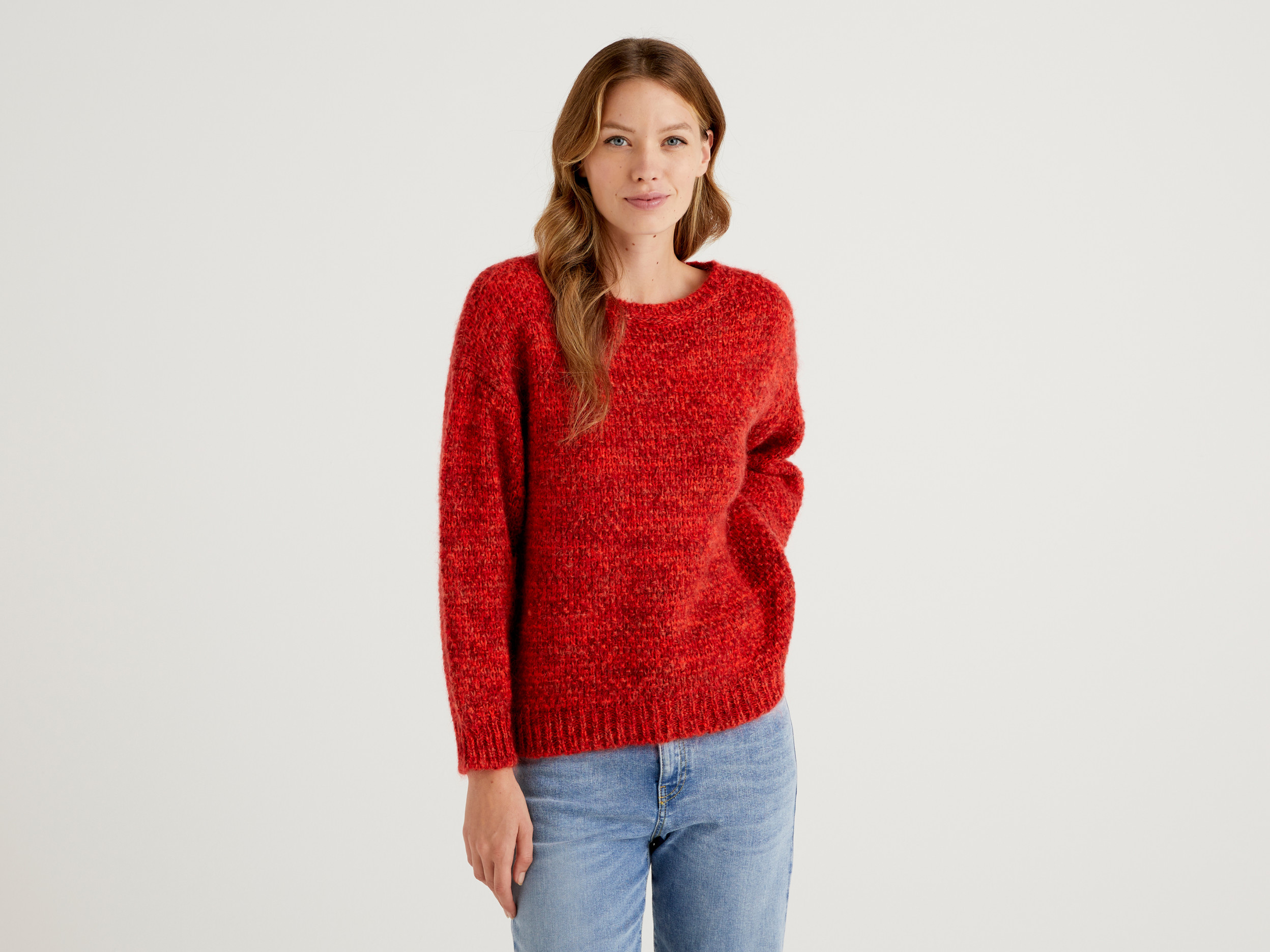 Benetton, Maglioncino Boxy Fit In Misto Mohair, Rosso, Donna