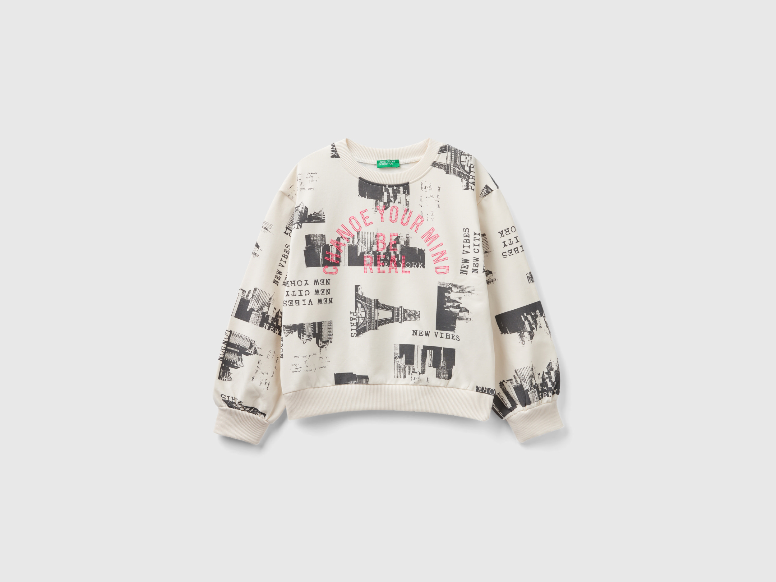 Benetton, Sweatshirt With City Print And Studs, size M, Creamy White, Kids