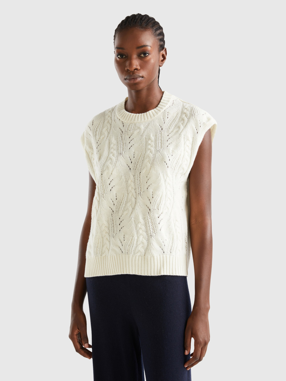 Benetton, Knit Vest In Wool Blend, Creamy White, Women