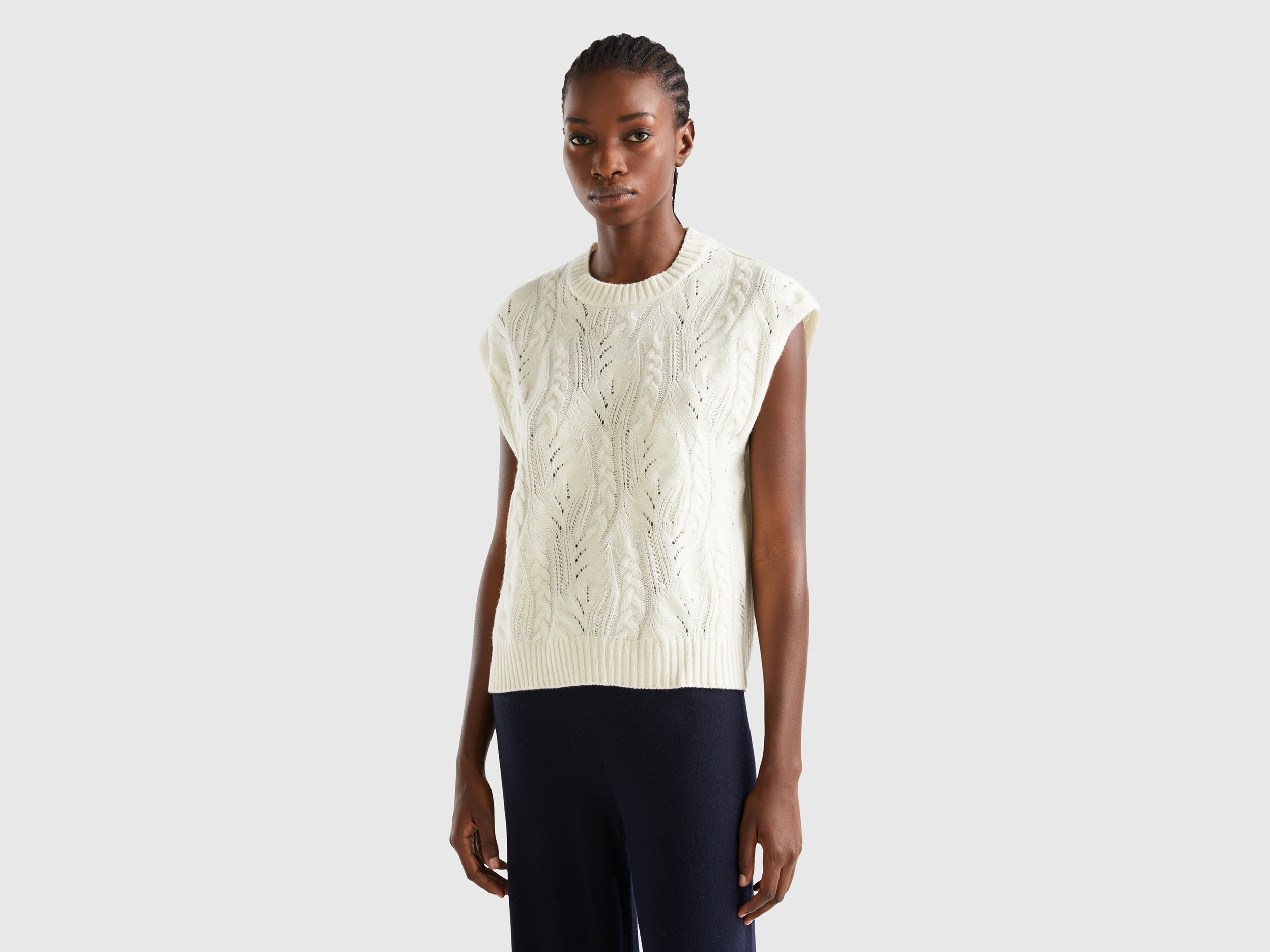 Benetton, Knit Vest In Wool Blend, size L-XL, Creamy White, Women