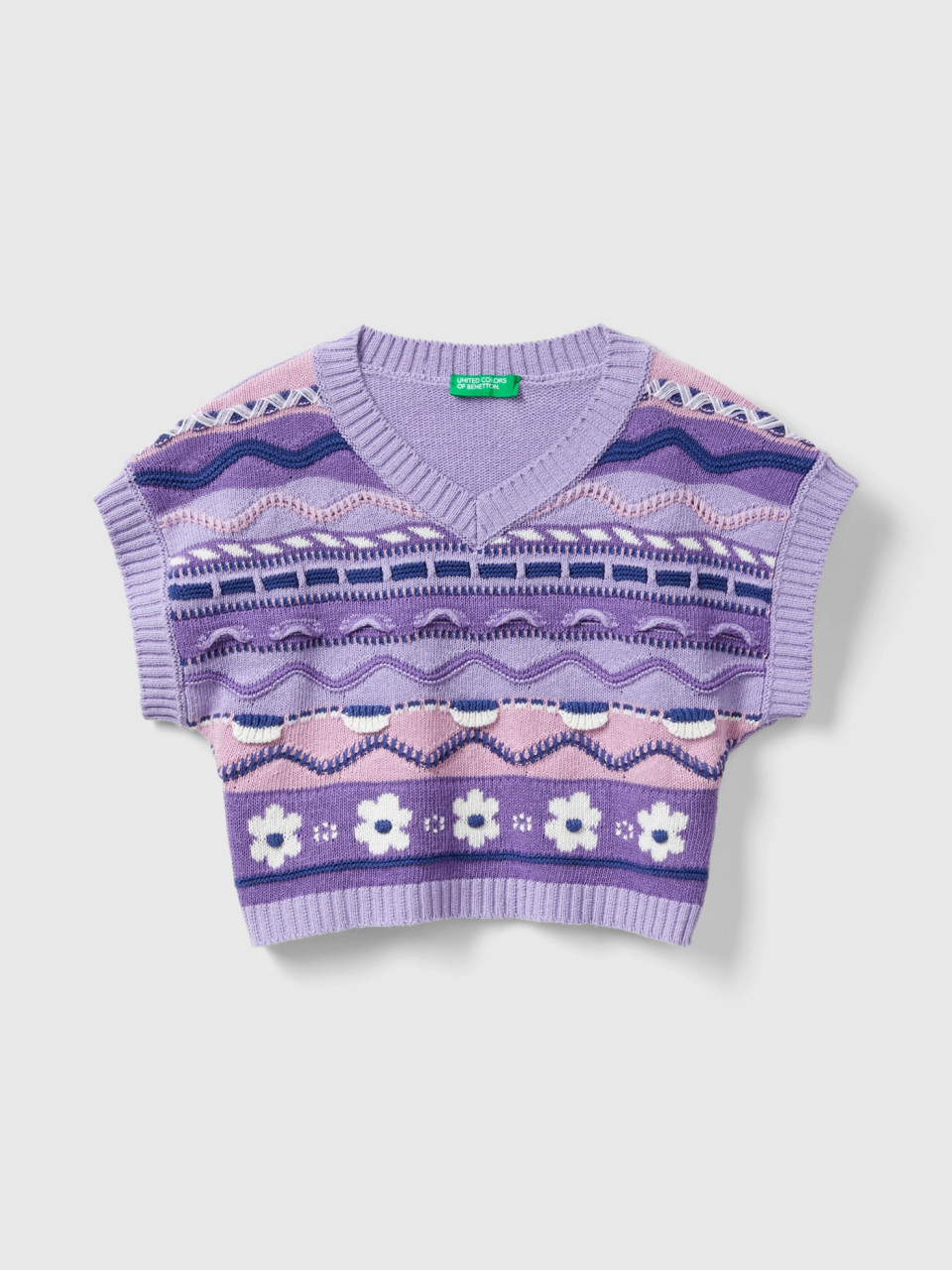 Benetton, Jacquard Vest In Recycled Cotton Blend, Lilac, Kids