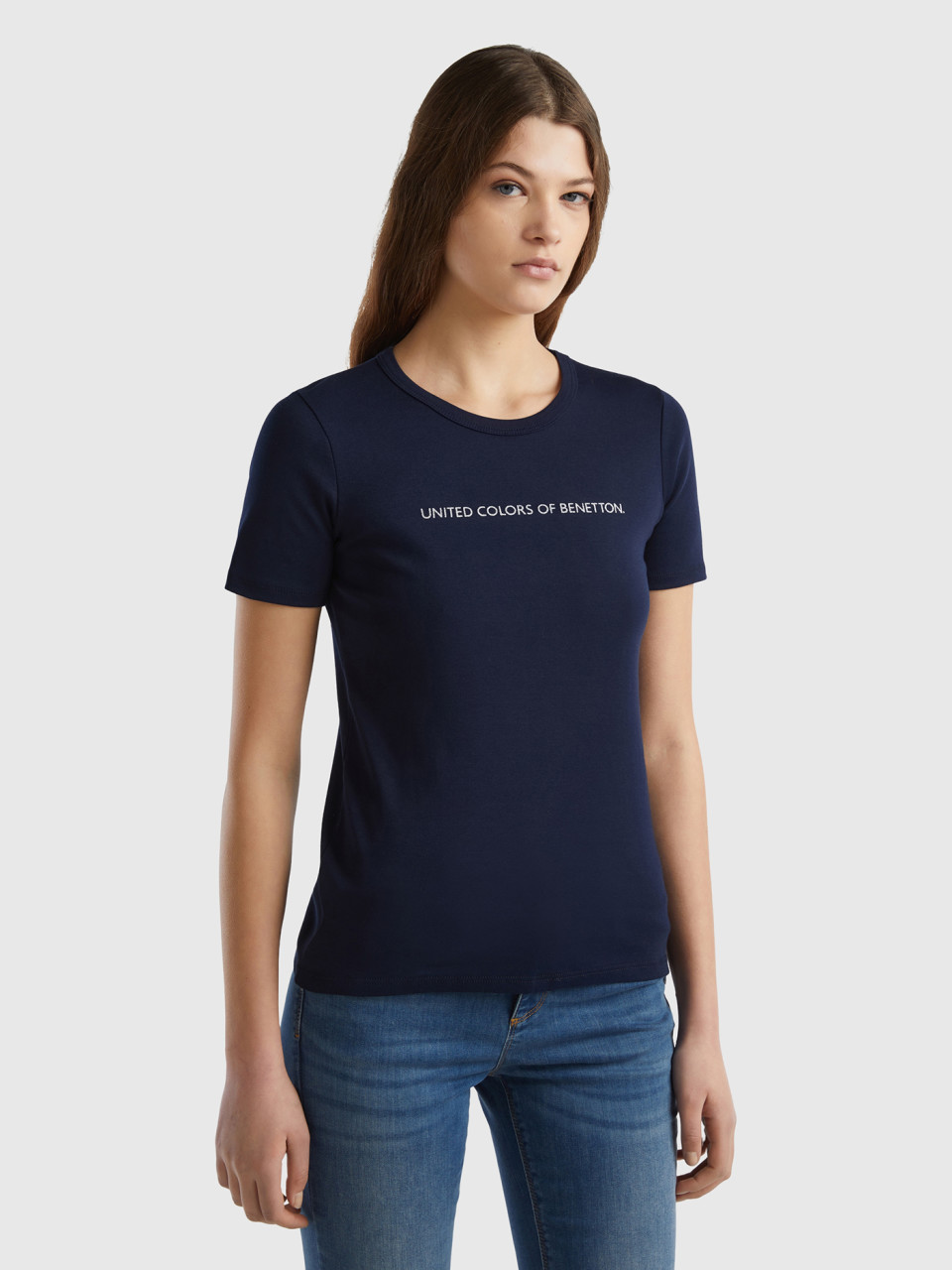 Benetton, Camiseta De 100% Algodón Con Estampado De Logotipo Con Glitter, Azul Oscuro, Mujer