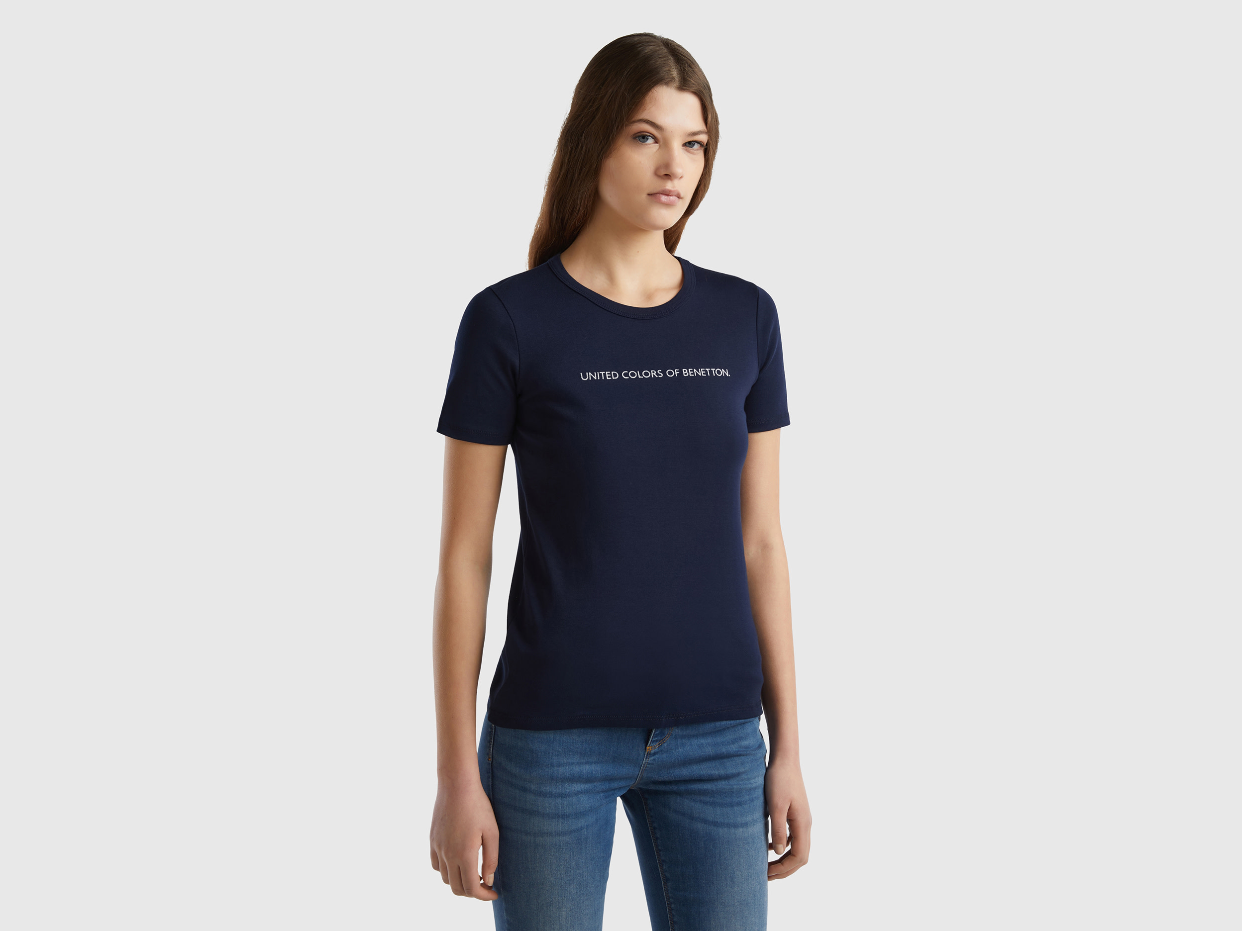 Benetton, T-shirt In 100% Cotton With Glitter Print Logo, size L, Dark Blue, Women