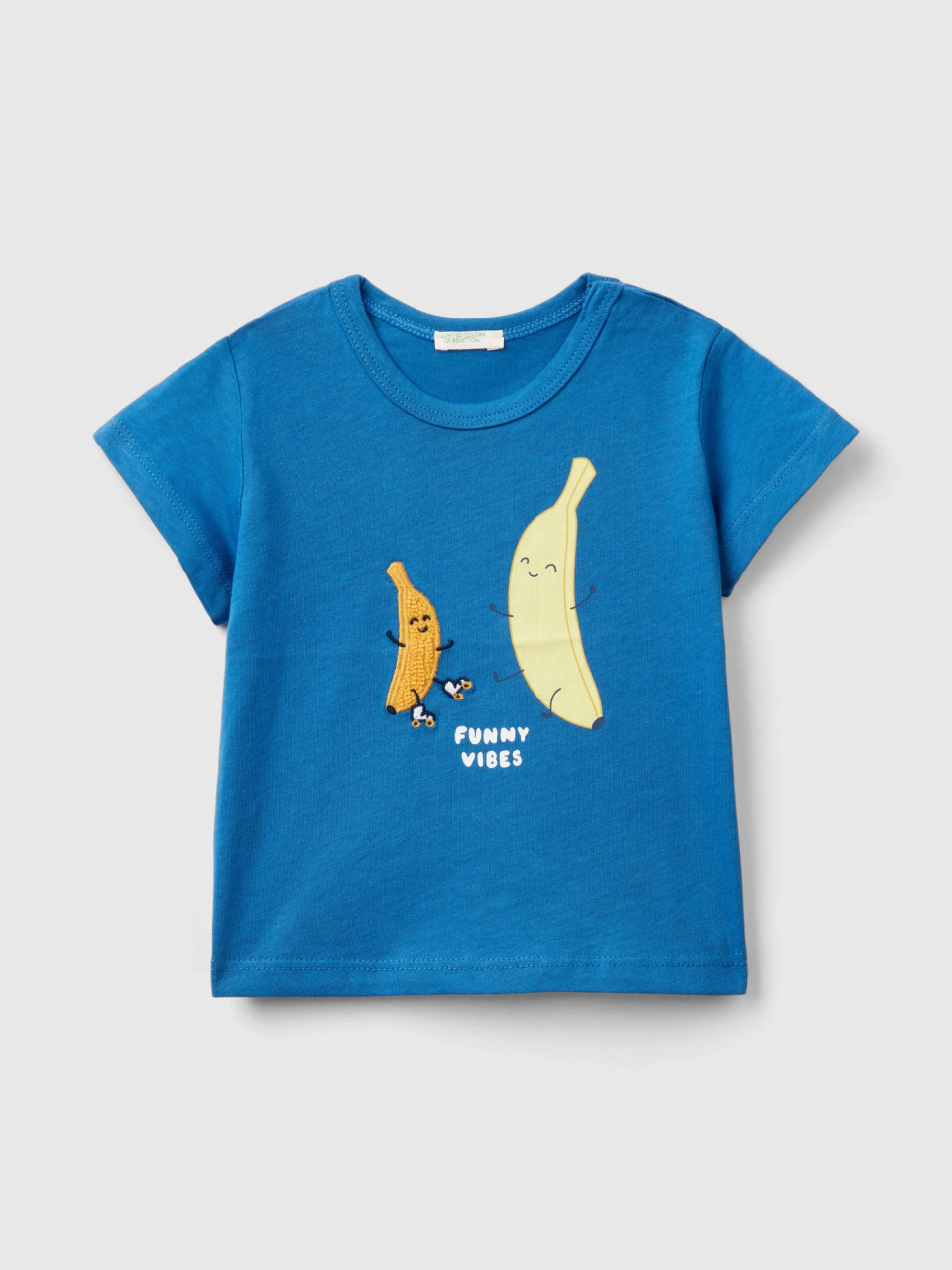 Benetton, T-shirt À Imprimé Et Broderie, Bleu, Enfants