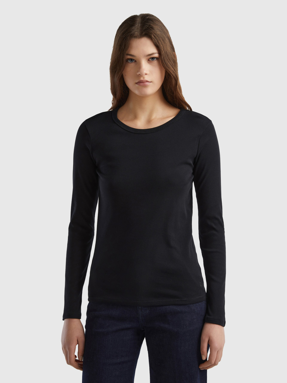 Benetton, T-shirt Manches Longues En Pur Coton, Noir, Femme