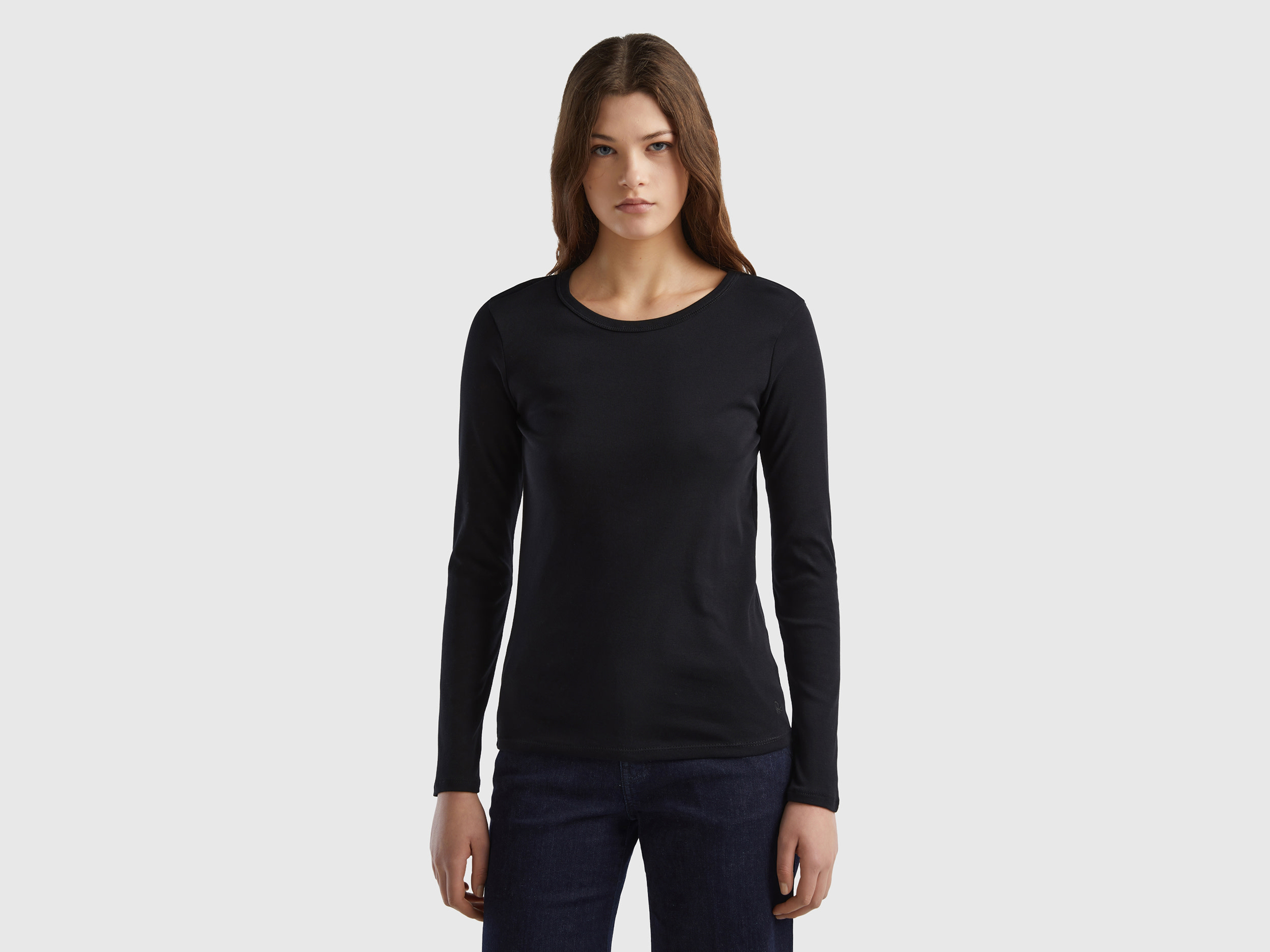 Benetton, Long Sleeve Pure Cotton T-shirt, size XXS, Black, Women