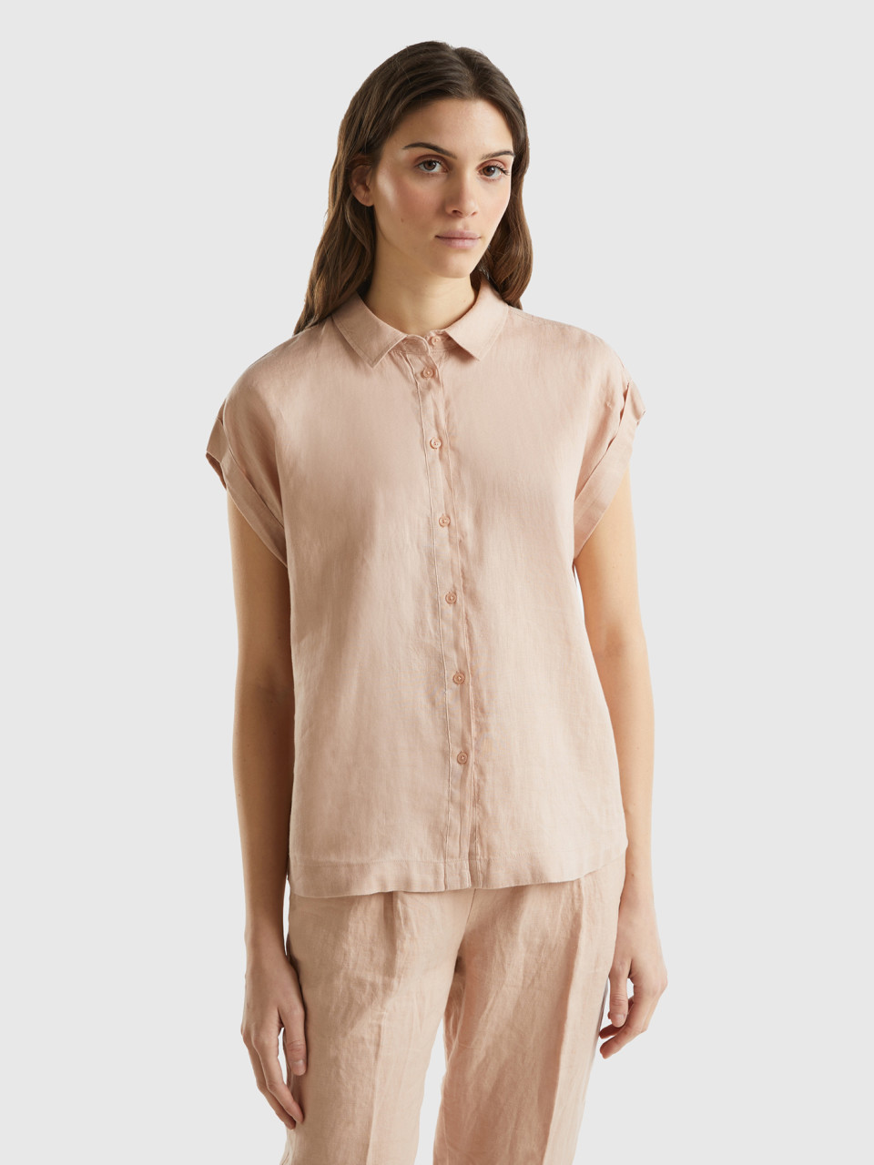 Benetton, Boxy Fit Shirt In Pure Linen, Soft Pink, Women