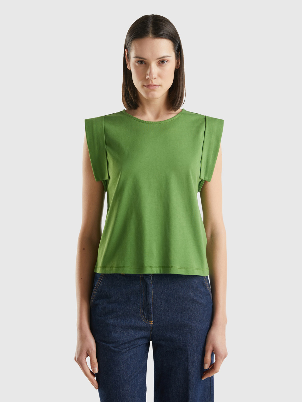 Benetton, T-shirt With Angel Sleeves, Military Green, Women