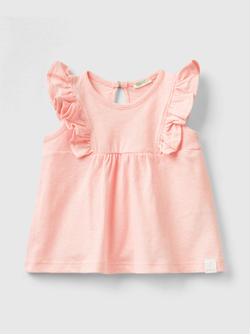 Benetton, T-shirt In Linen Blend With Ruffles, Pink, Kids