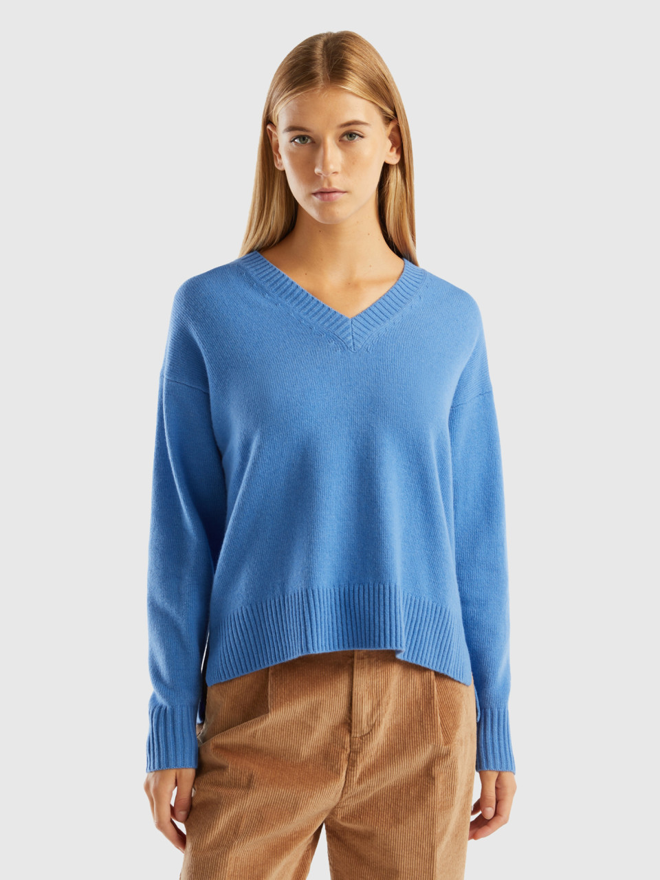 Benetton, Oversized Fit Sweater With Slits, Light Blue, Women