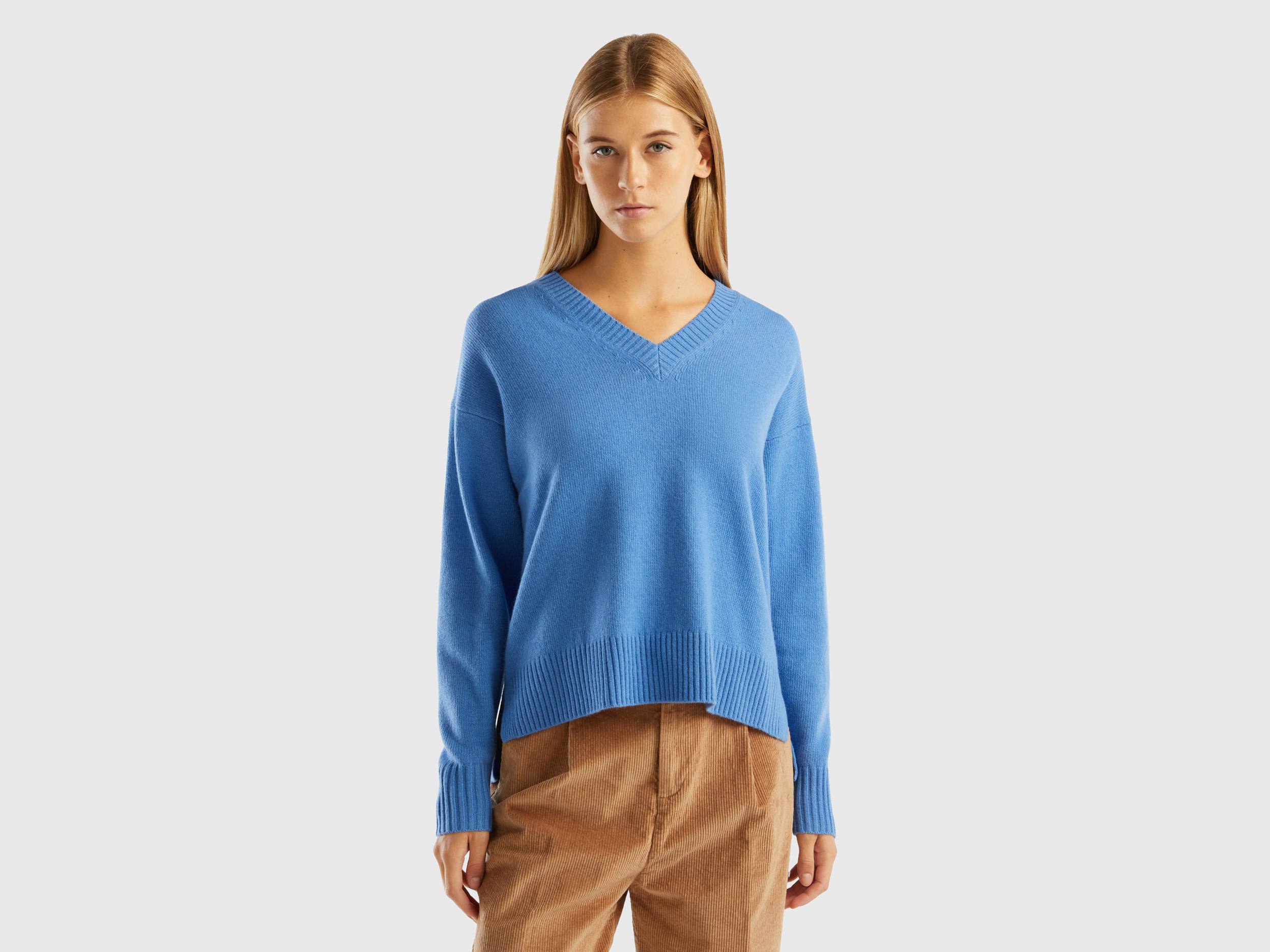Benetton, Oversized Fit Sweater With Slits, size L-XL, Light Blue, Women