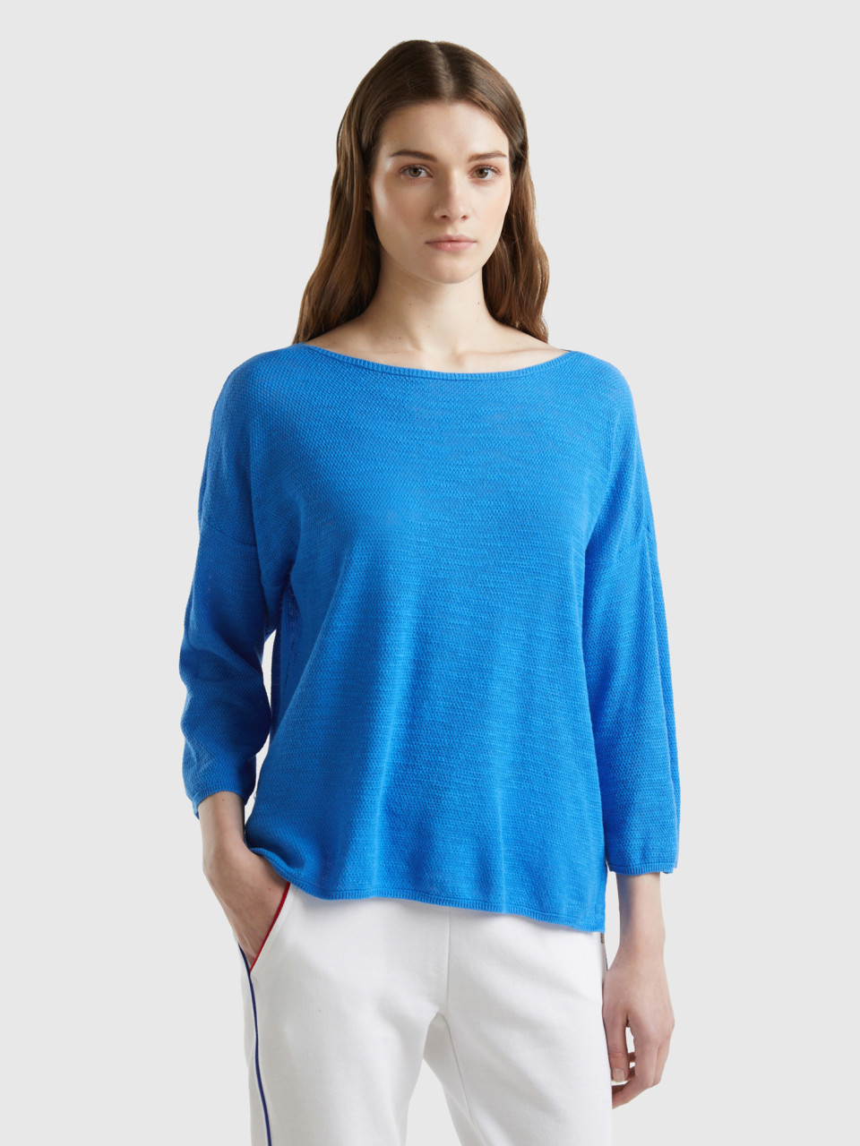 Benetton, Sweater In Linen Blend With 3/4 Sleeves, Blue, Women
