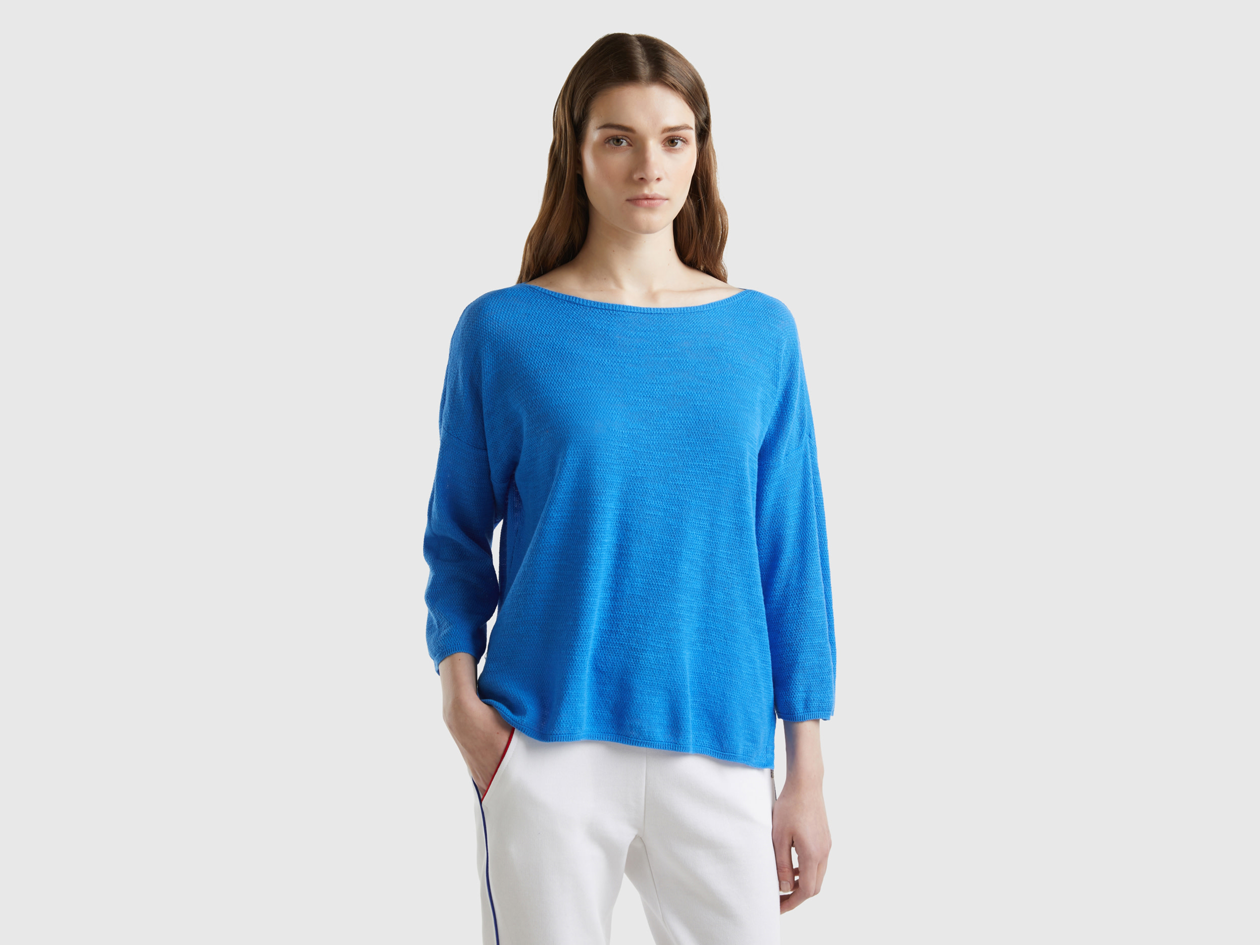 Benetton, Maglia In Misto Lino Con Manica A 3/4, Blu, Donna