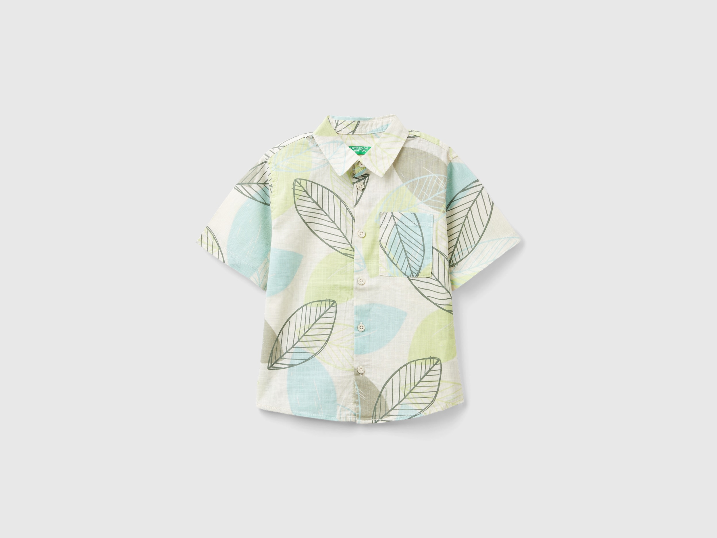 Benetton, Camicia Con Stampa Foglie, Bianco Panna, Bambini