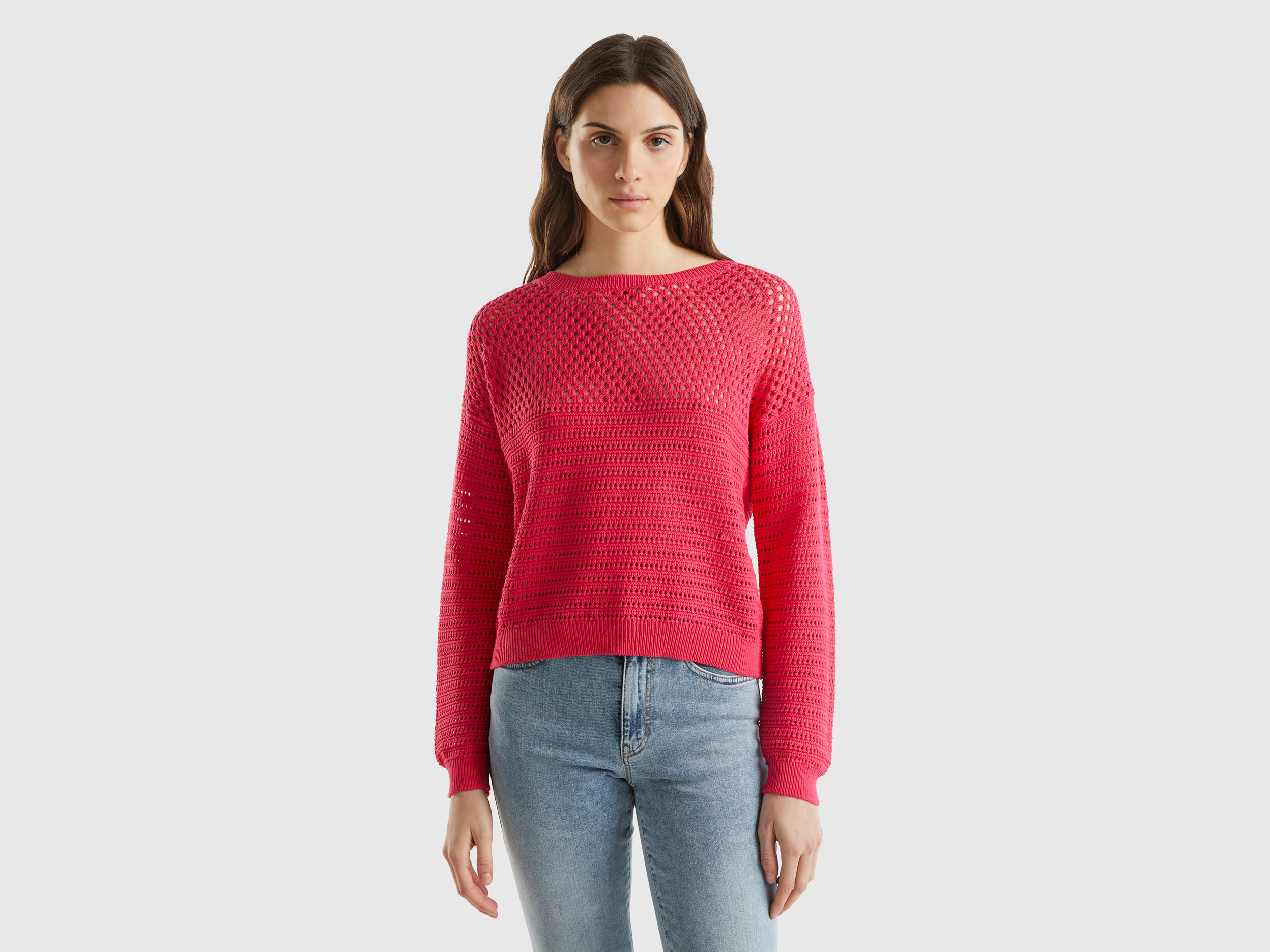 Benetton, Maglia Con Trafori Boxy Fit, Fucsia, Donna