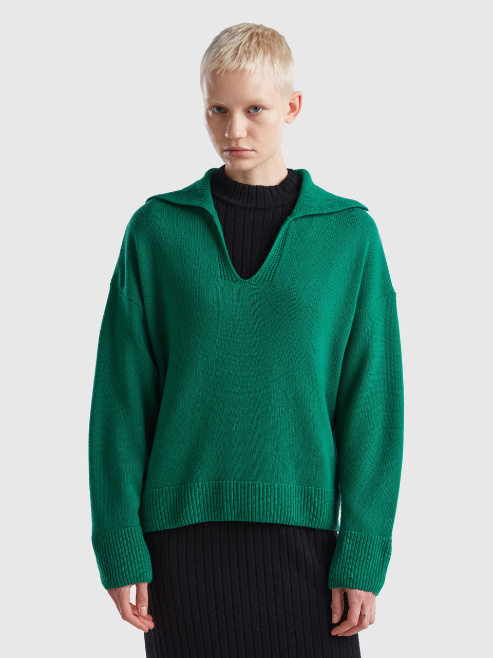 Benetton, Boxy Fit Sweater With Polo Collar, Green, Women