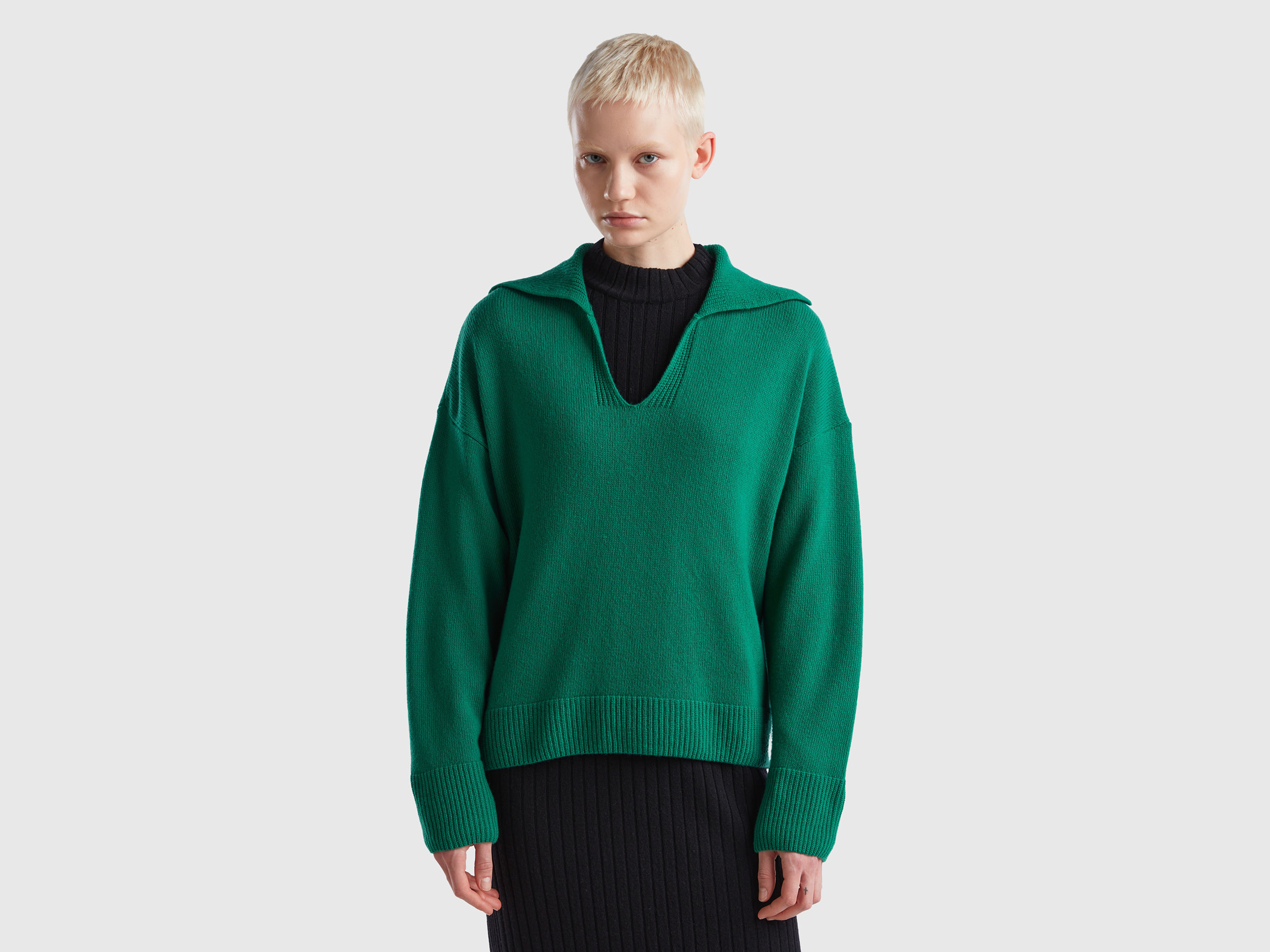 Benetton, Boxy Fit Sweater With Polo Collar, size L, Green, Women
