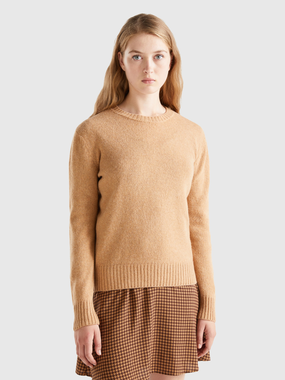 Benetton, Sweater In Pure Shetland Wool, Camel, Women