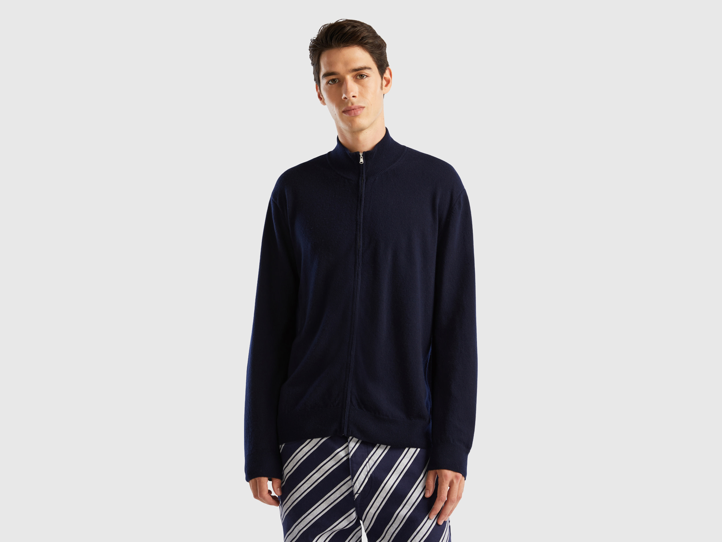 Benetton, Zip-up Cardigan In Pure Merino Wool, size L, Dark Blue, Men