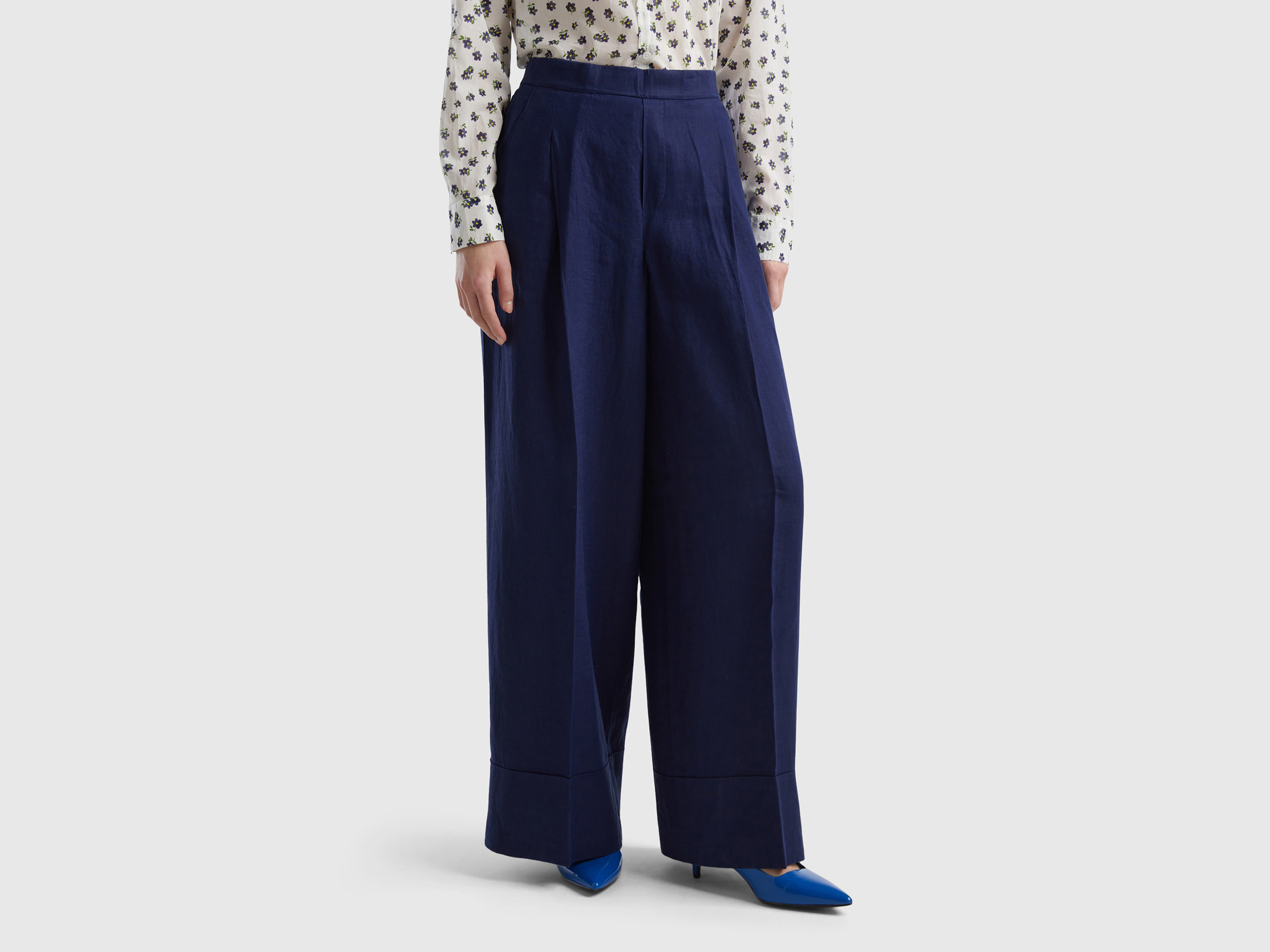 Benetton, Pantaloni Palazzo In 100% Lino, Blu Scuro, Donna