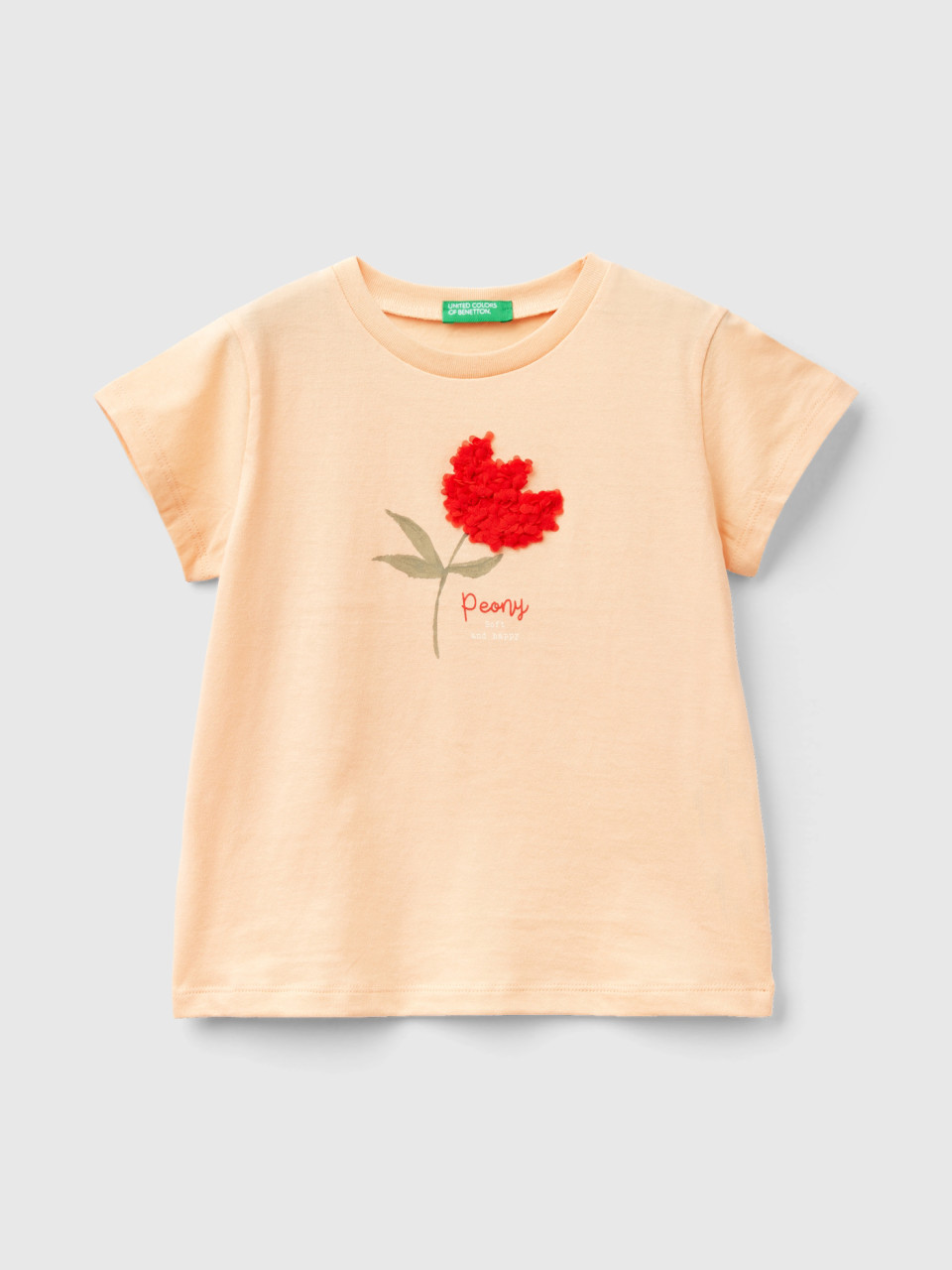 Benetton, T-shirt Avec Application Effet Pétales, Rose Pêche, Enfants