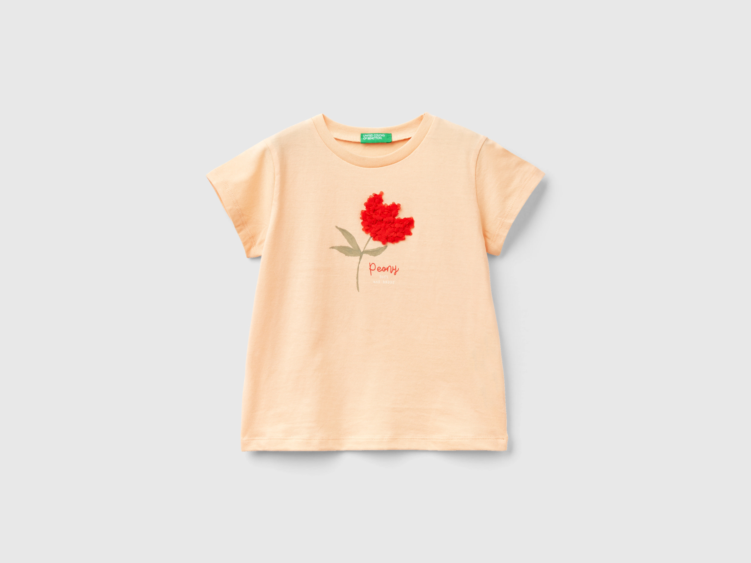 Image of Benetton, T-shirt With Petal Effect Applique, size 104, Peach, Kids