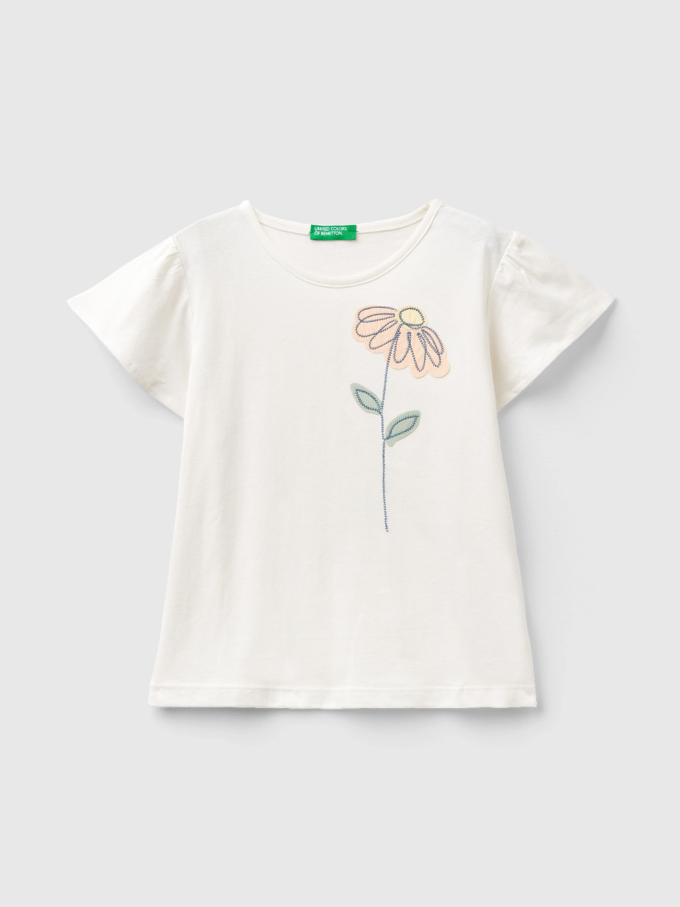 Benetton, T-shirt With Floral Embroidery, Creamy White, Kids
