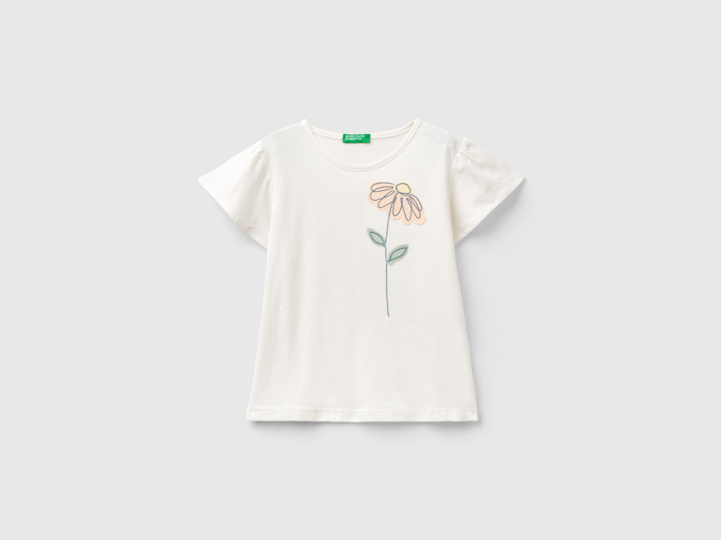 Benetton, Maglietta Con Ricamo Floreale, Bianco Panna, Bambini