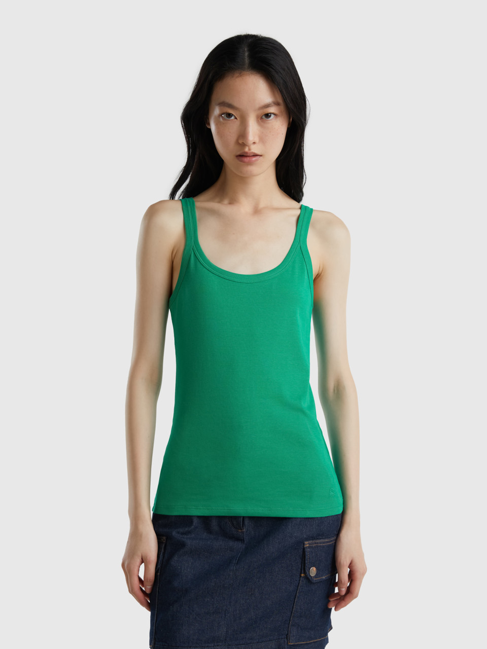 Benetton, Camiseta De Tirantes Verde De 100 % Algodón, Verde, Mujer