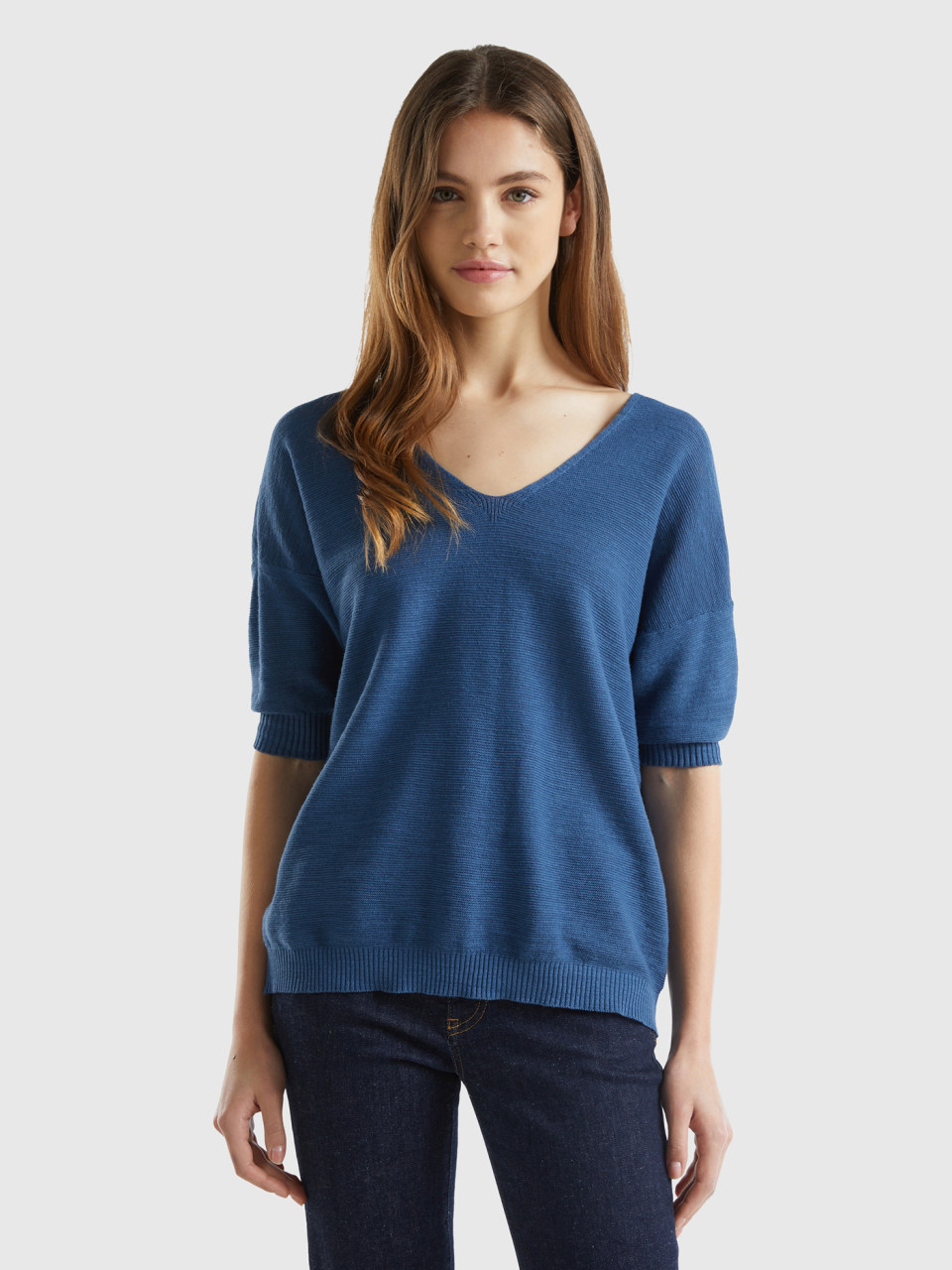 Benetton, Shirt Aus Gemischter Baumwolle Und Leinen, Taubenblau, female